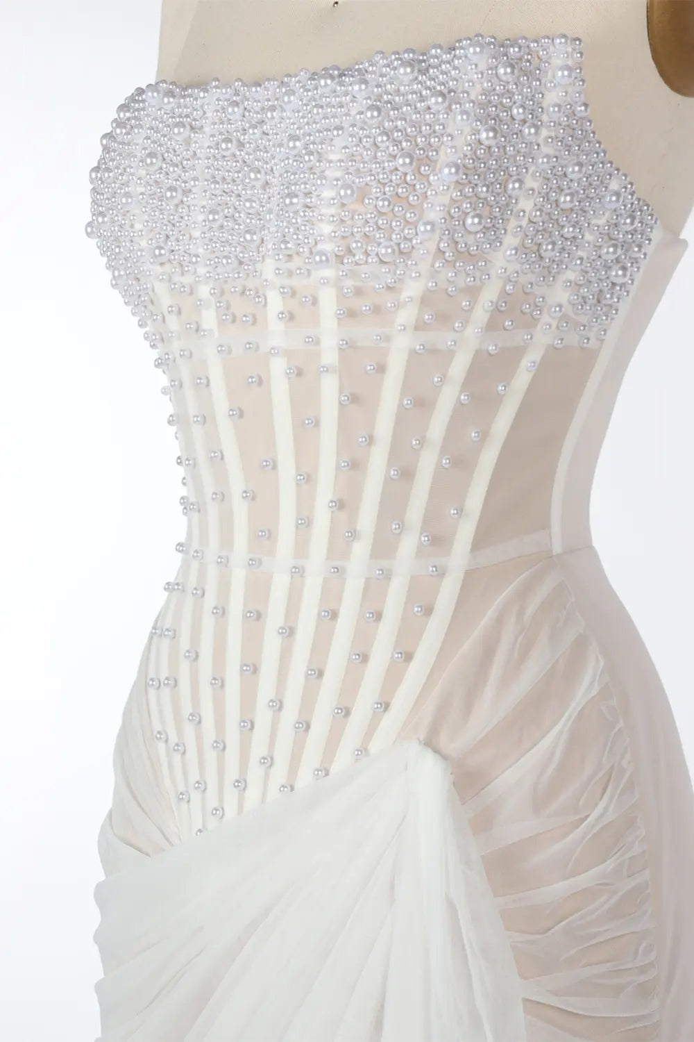 White Strapless Beaded Corset Draped Mini Dress ST089 Sheer Fairy