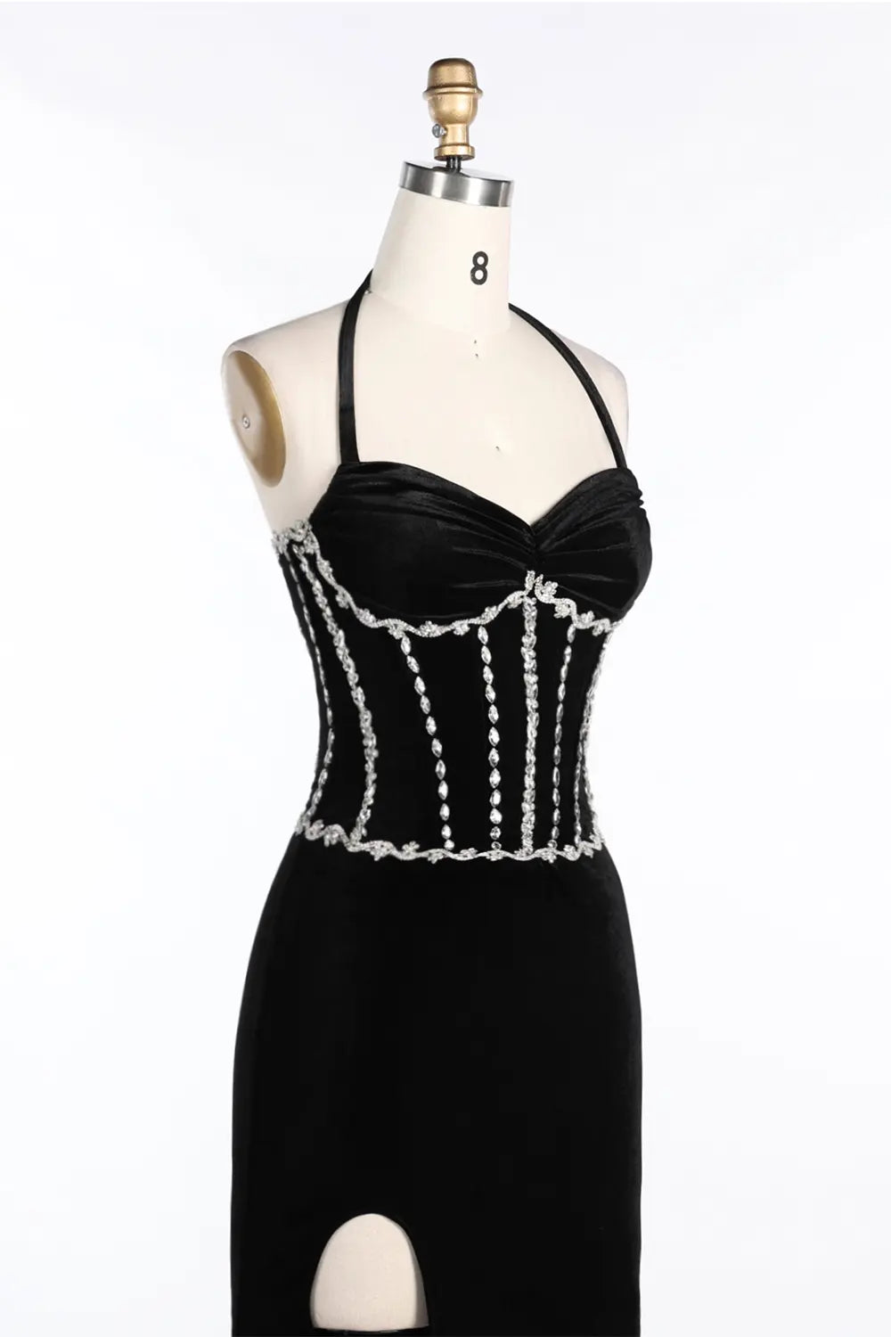 Black Halter Corset Slit Velvet Evening Dress ST094 Sheer Fairy