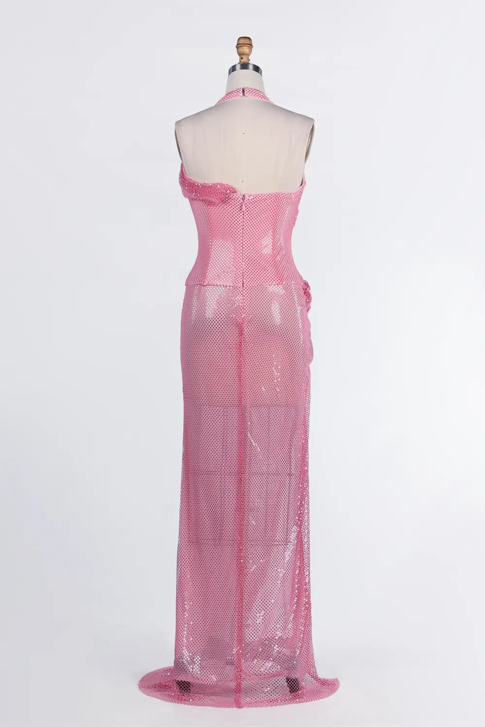 Pink Sequin Halter Corset High Slit Maxi Evening Dress ST036 Sheer Fairy