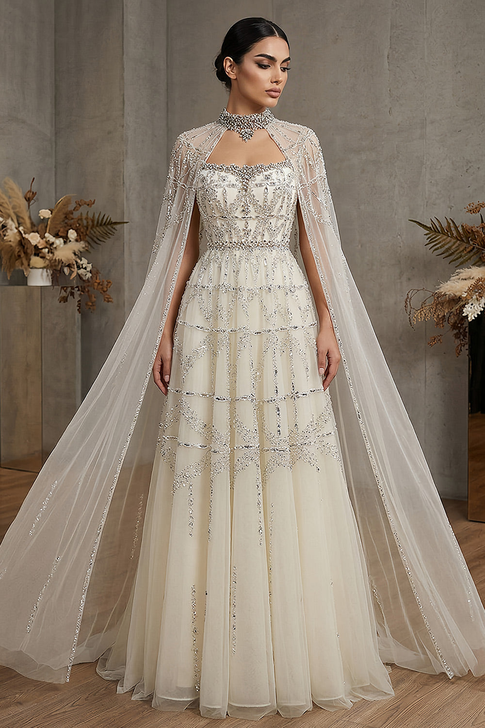 Luxury Cream Beaded A-Line Evening Gown with Sheer Cape SS486 Sheer Fairy