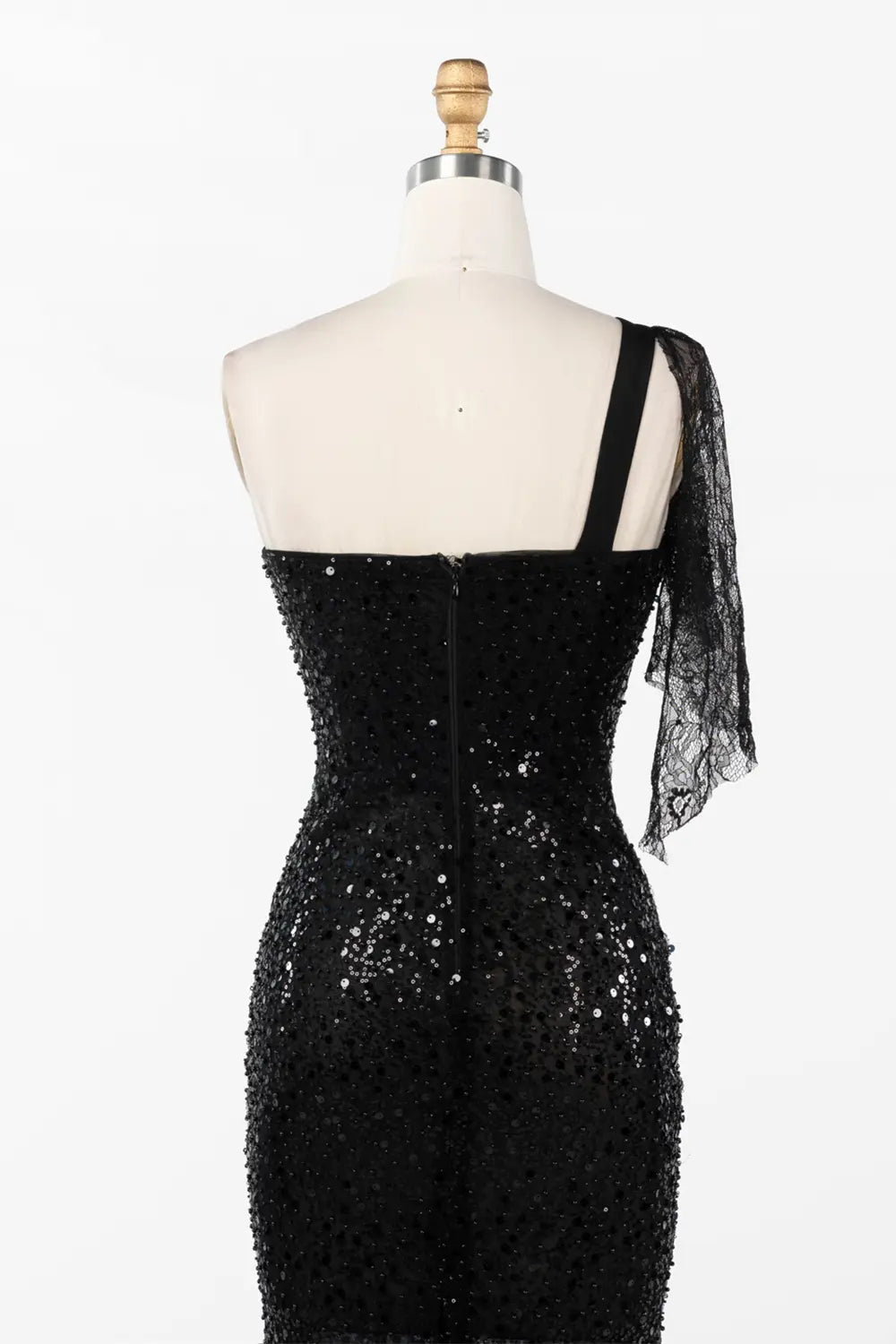 Black One Shoulder Sequin Evening Gown with Green Floral Detail ST048 Sheer Fairy