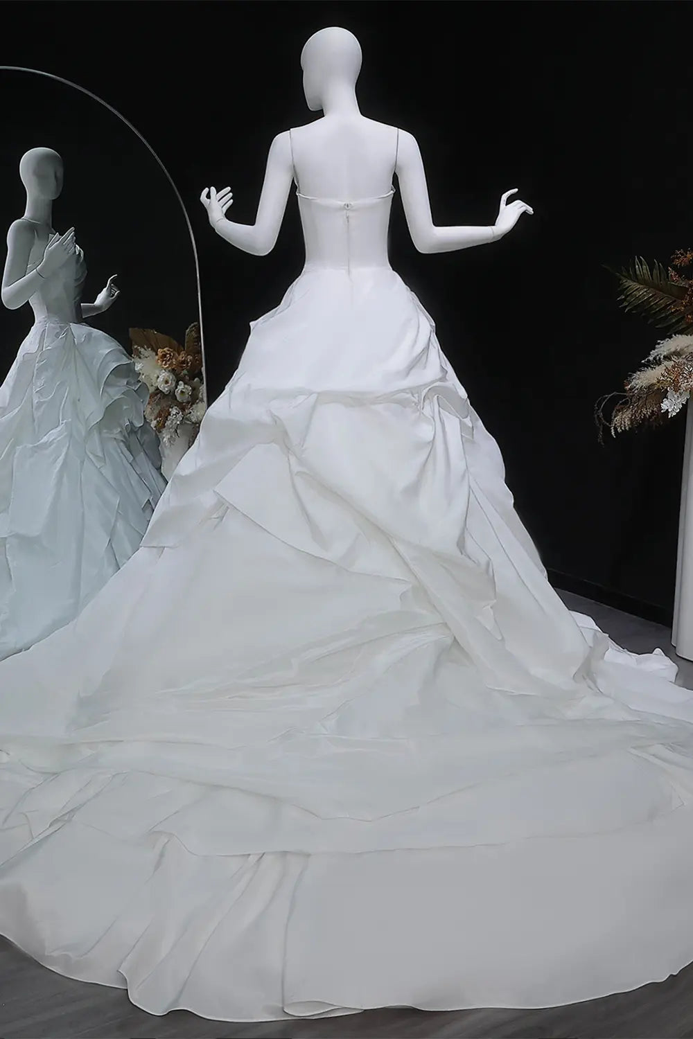 White Strapless Cascading Ruffle Satin Ball Gown Wedding Dress SW628 Sheer Fairy