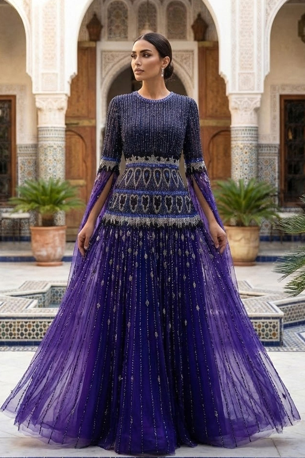 Deep Purple Hand-Beaded Tulle Gown with Cape SS009 Sheer Fairy