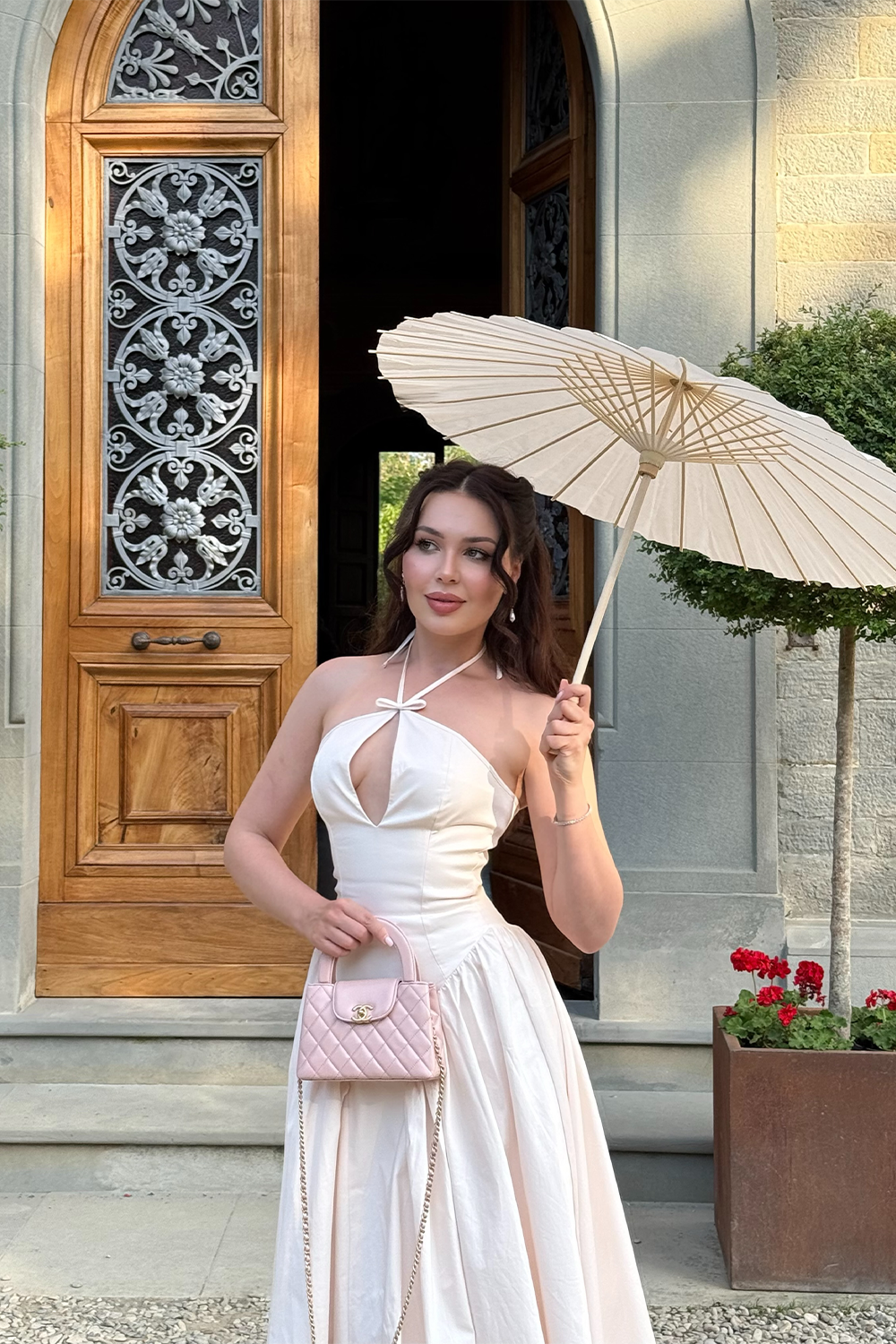 Beige Halter Keyhole Midi Dress Full A Line Skirt Vintage Evening Dress RM251 Sheer Fairy