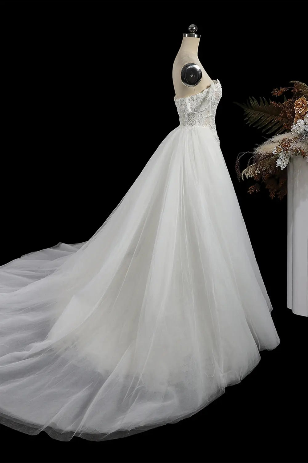 White Detachable Overskirt Mermaid Wedding Dress SW758 Sheer Fairy