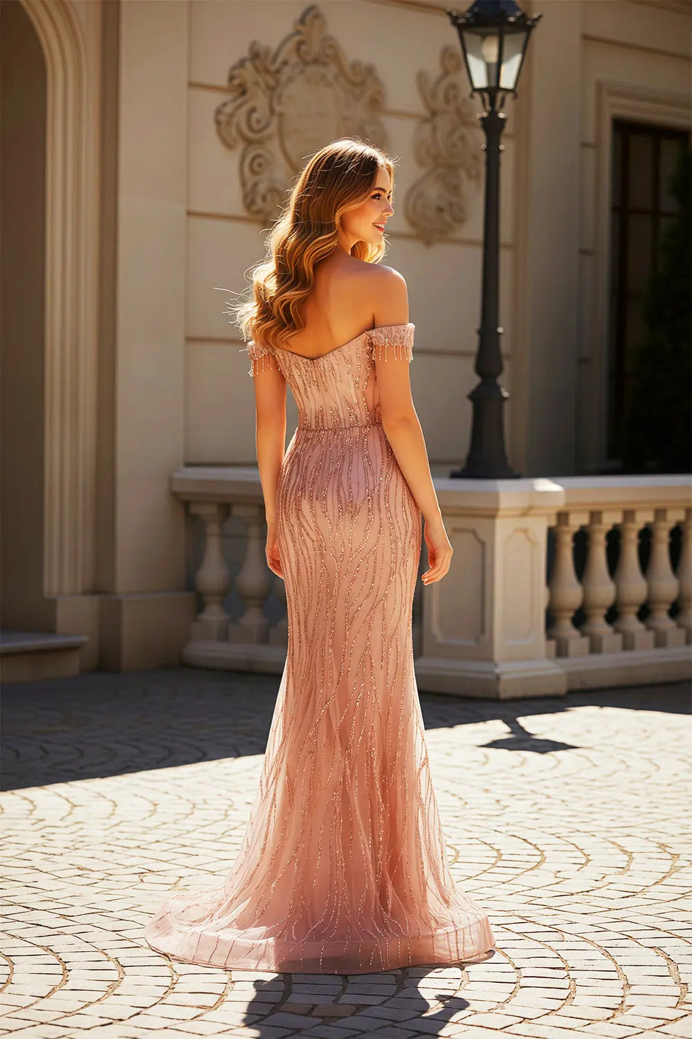 White Lace Mermaid Off-the-Shoulder Flora Beige Prom Dress SH461 Sheer Fairy