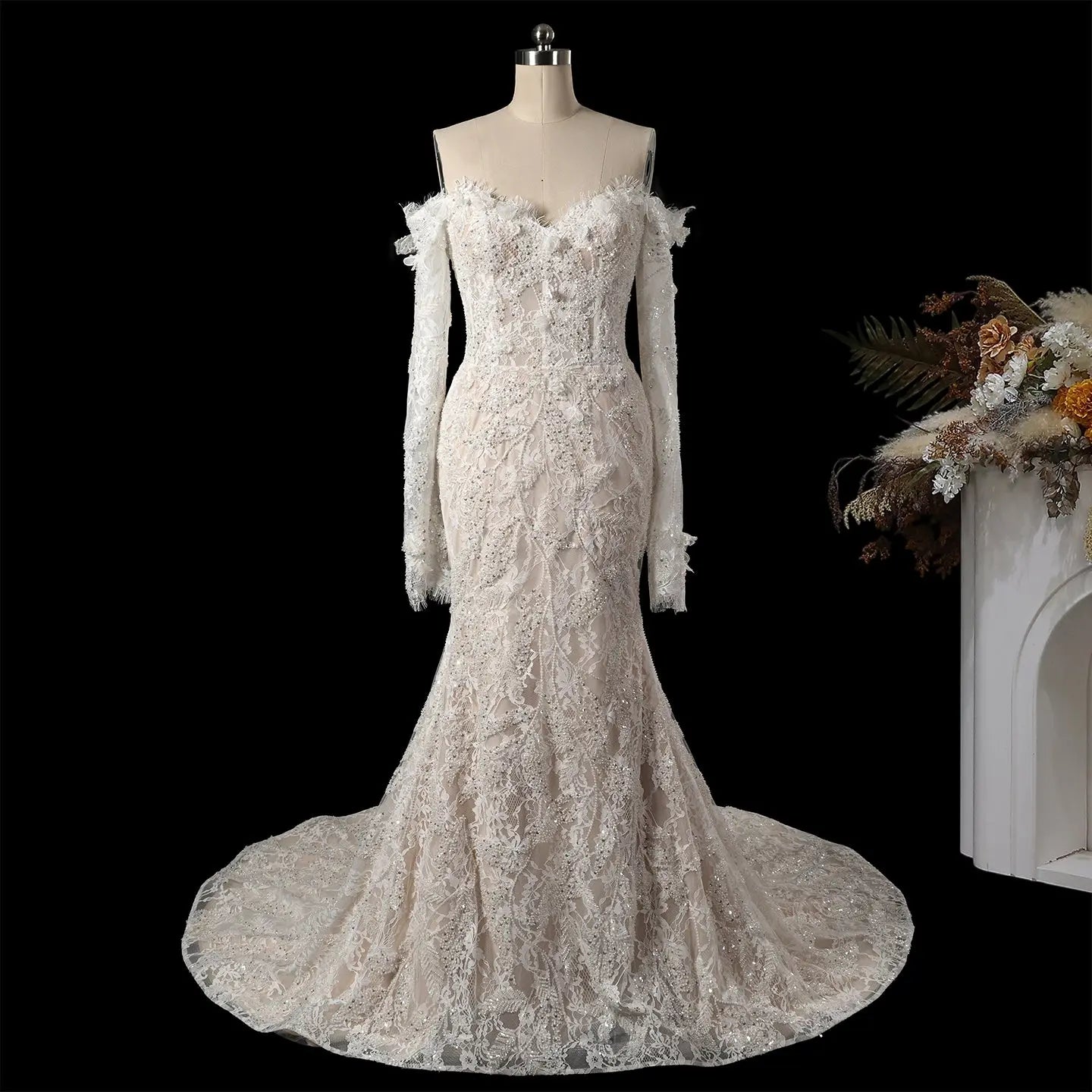 Ivory Lace Off-the-Shoulder Mermaid Wedding Dress with Train SW176 Sheer Fairy