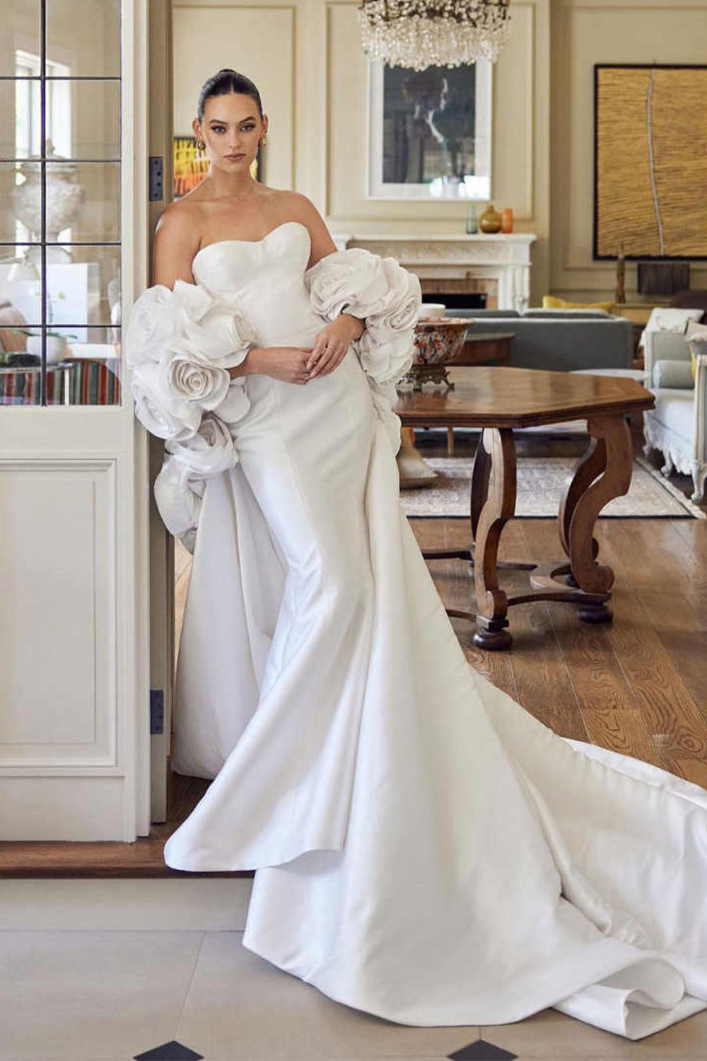 Ivory  Satin Mermaid Wedding Dress 3D Giant Rose Floral With Veil  SW661 Sheer Fairy