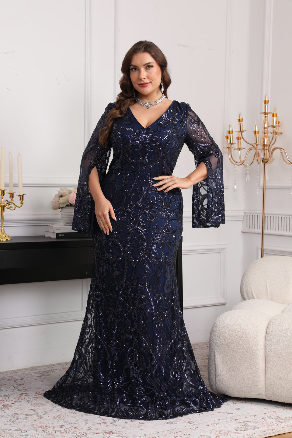 Curve-Friendly Navy Blue Sequined Plus Size Evening Dress SF624