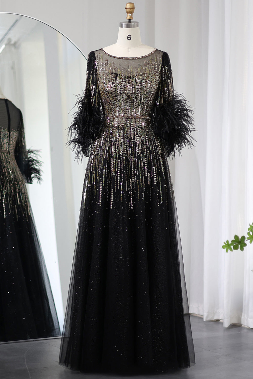 Half Sleeve Feather Sparkly Sequin Formal Evening Gown for Women SS339 Sheer Fairy