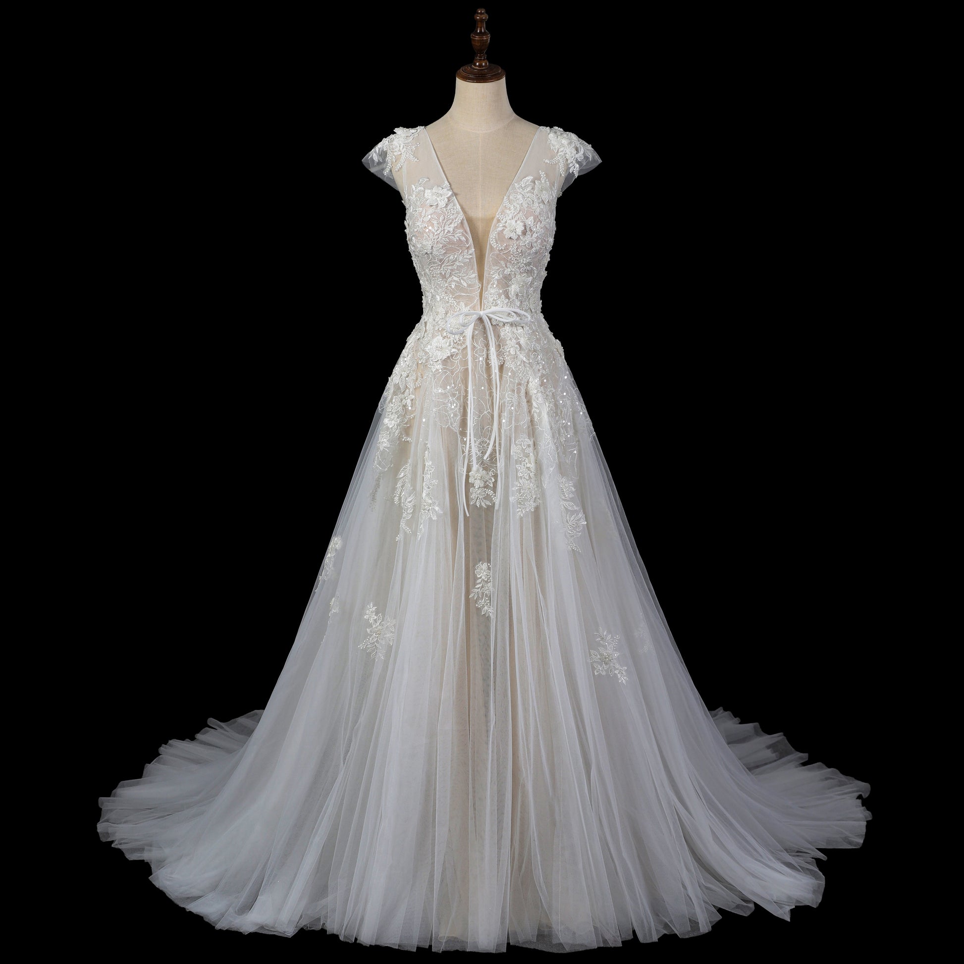 Luxury Lace A-Line Wedding Dress with V-Neck and Deep Illusion Back SW711 Sheer Fairy