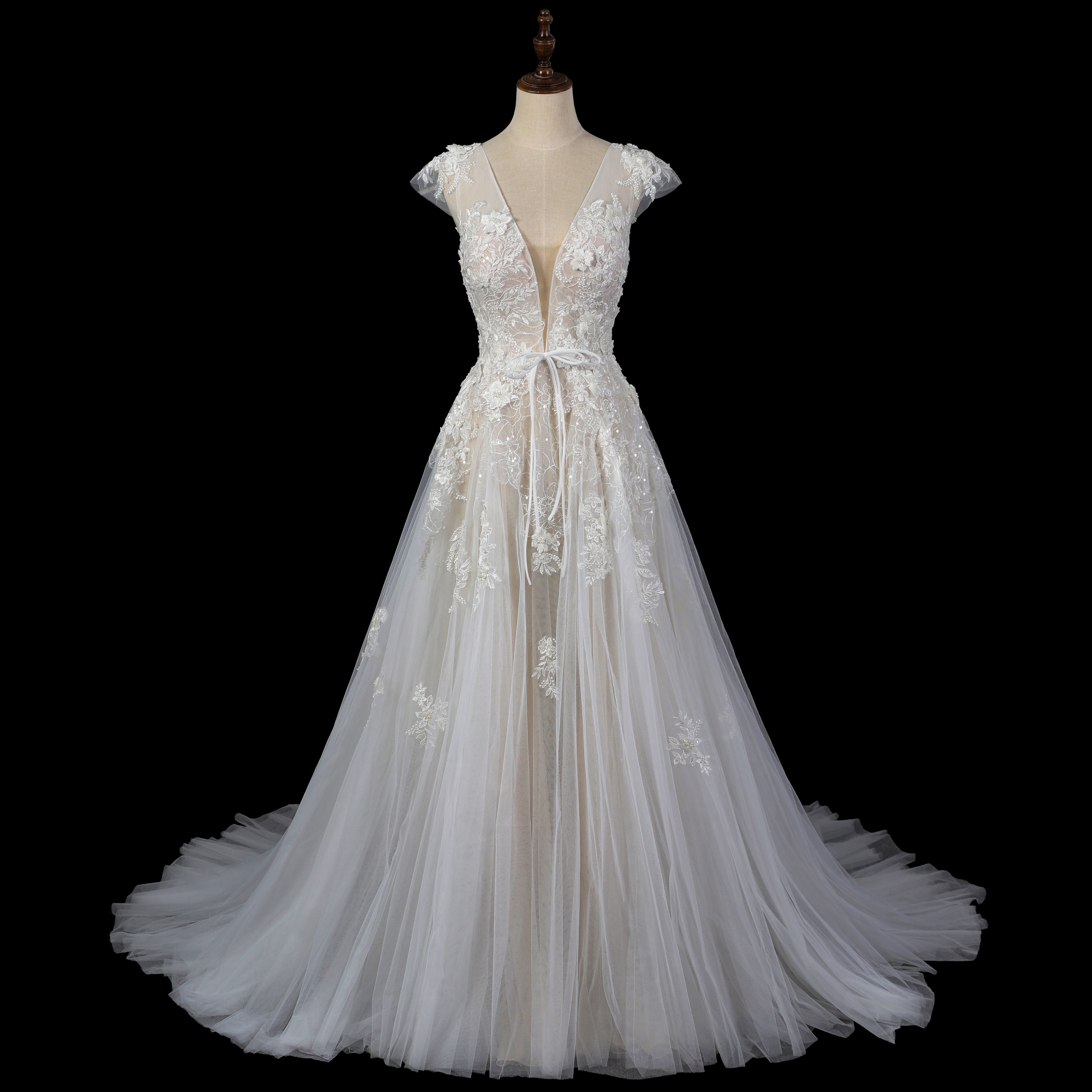 Luxury Lace A-Line Wedding Dress with V-Neck and Deep Illusion Back SW711 Sheer Fairy