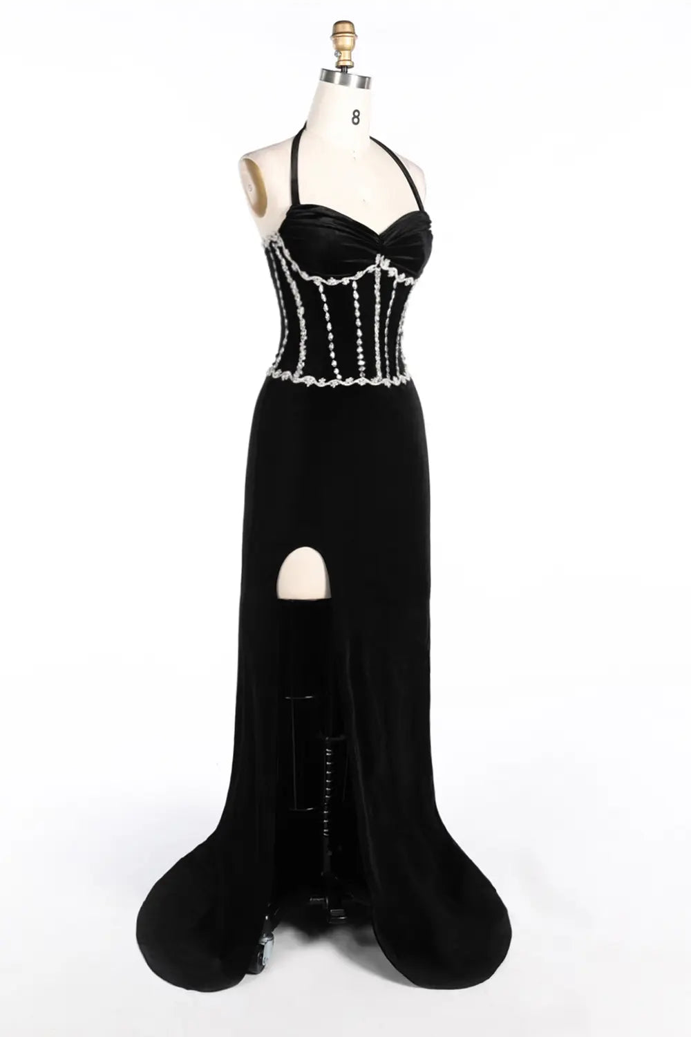 Black Halter Corset Slit Velvet Evening Dress ST094 Sheer Fairy