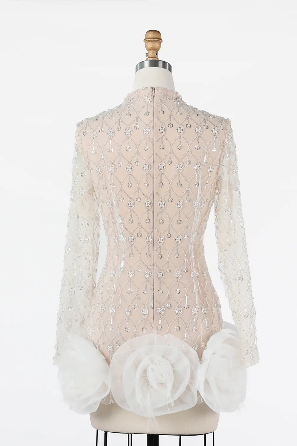 White Nude Long Sleeve Beaded 3D Floral Hem Mini Evening Dress ST037 Sheer Fairy