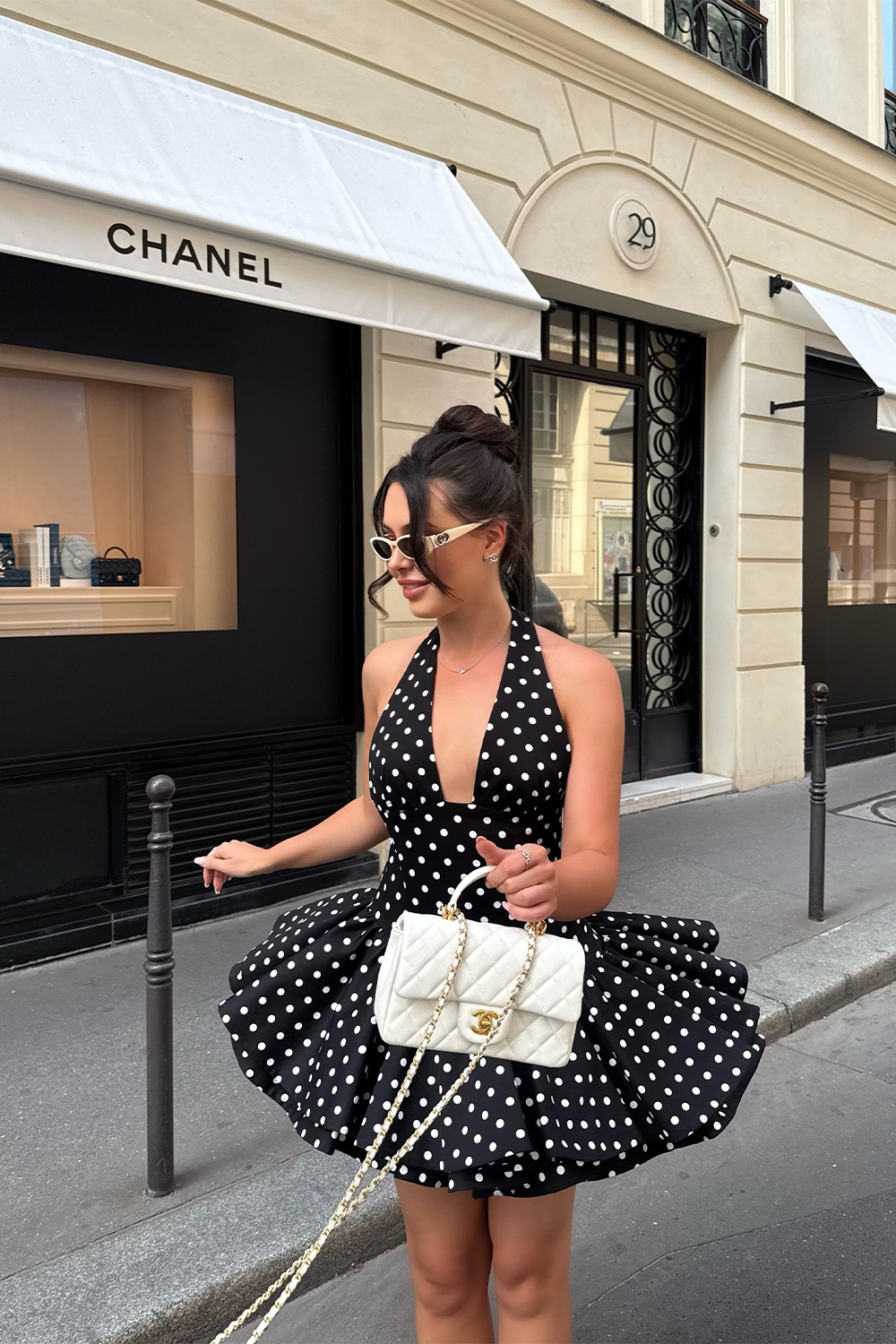 Black and White Polka Dot Halter Mini Dress Plunging V Neck Bubble Hem Party Dress RM253 Sheer Fairy