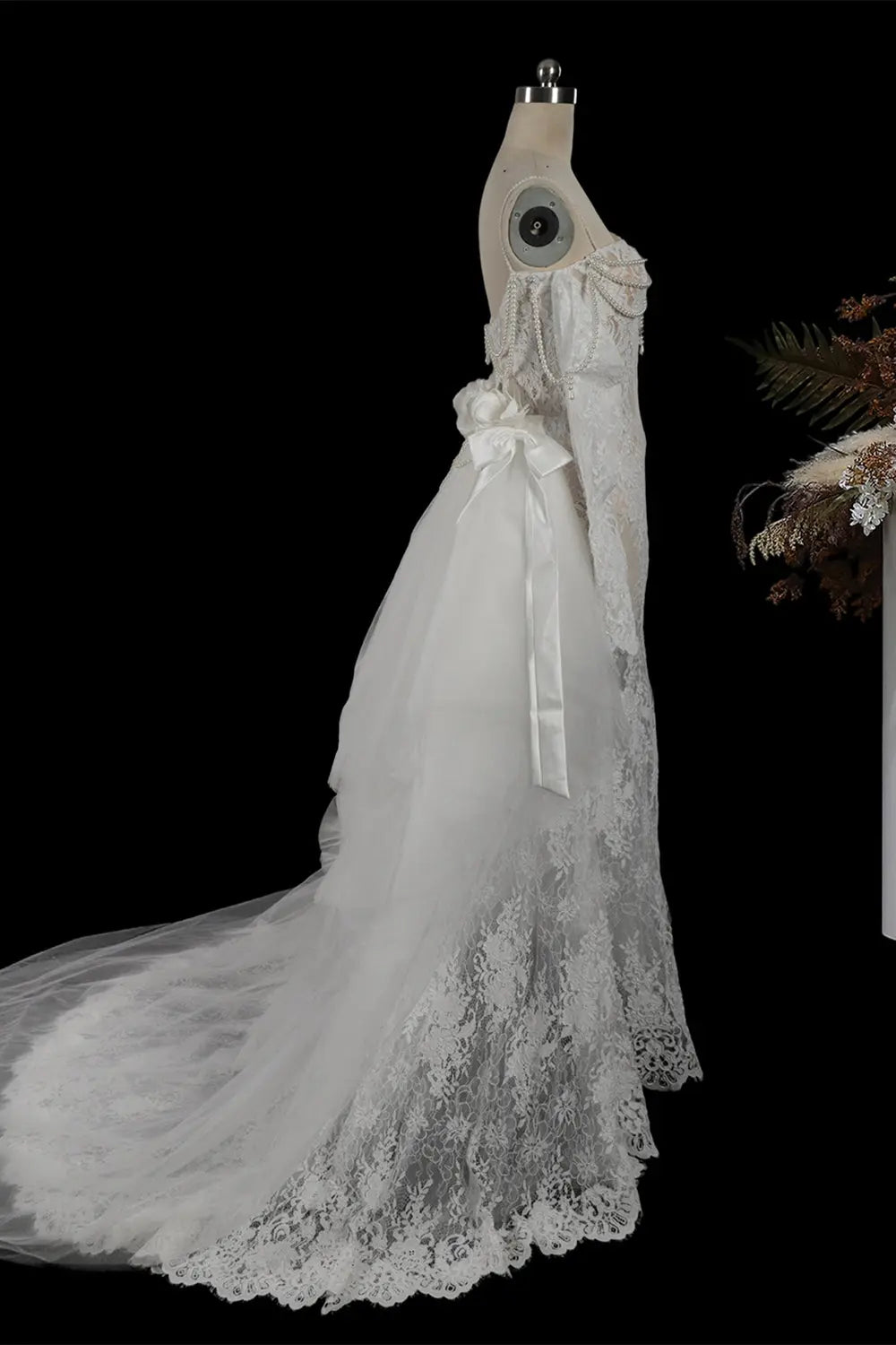 White Beaded Lace Mermaid Wedding Dress SW756 Sheer Fairy
