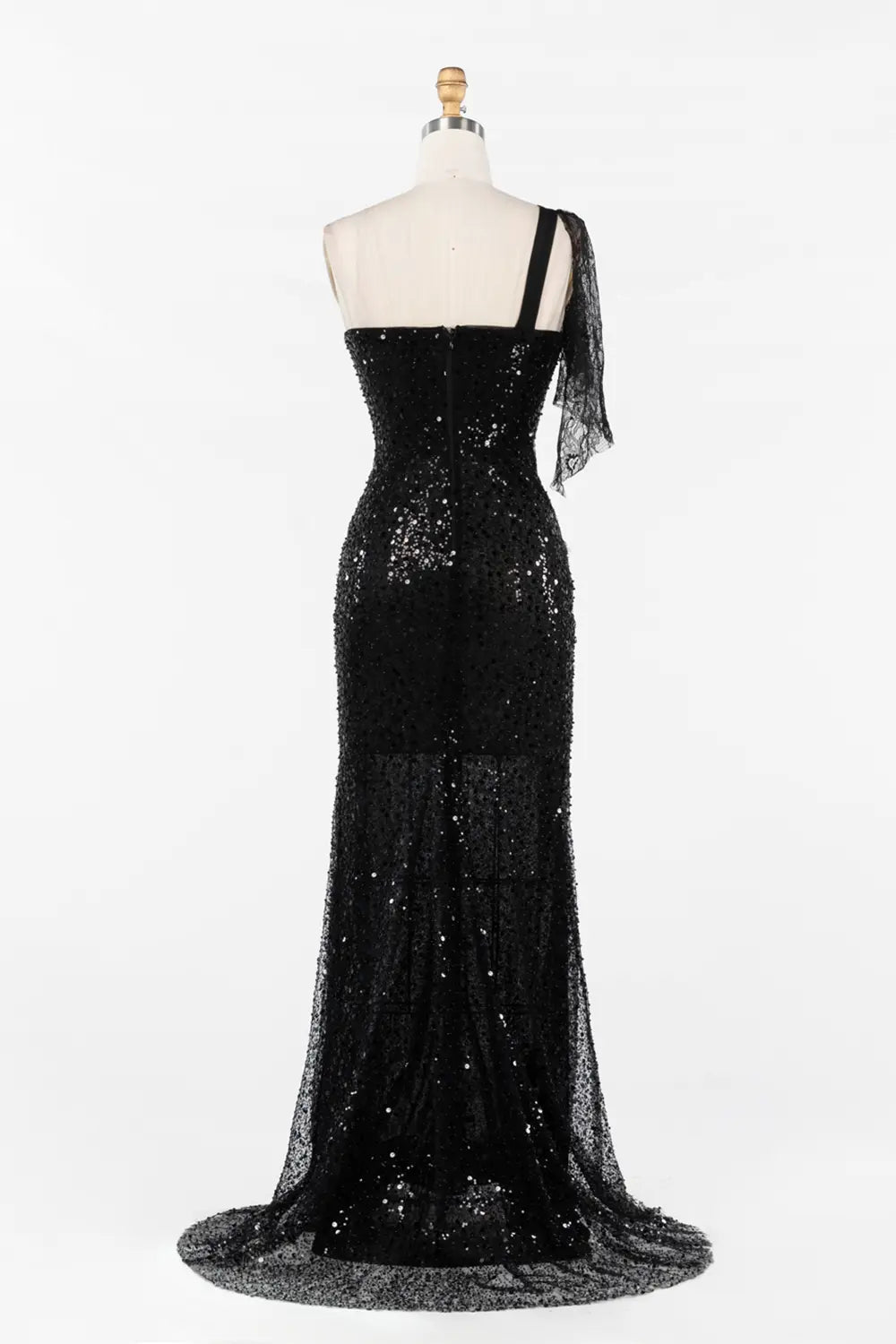 Black One Shoulder Sequin Evening Gown with Green Floral Detail ST048 Sheer Fairy
