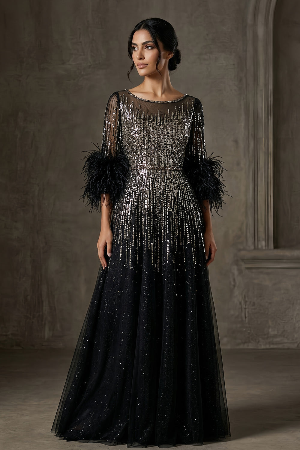 Half Sleeve Feather Sparkly Sequin Formal Evening Gown for Women SS339 Sheer Fairy