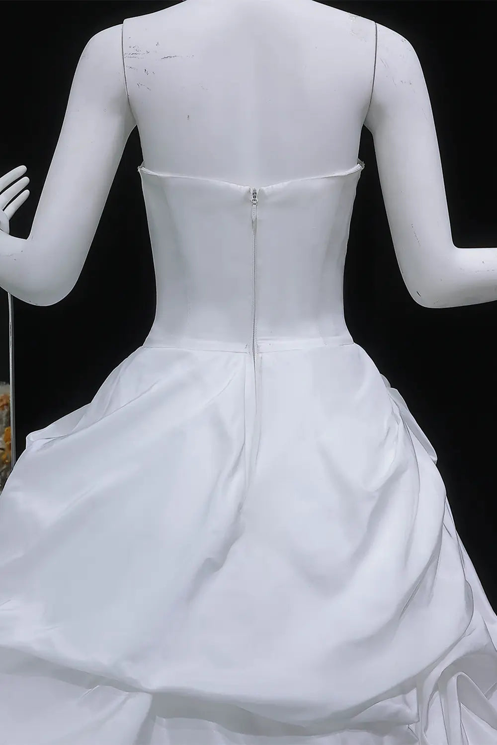 White Strapless Cascading Ruffle Satin Ball Gown Wedding Dress SW628 Sheer Fairy