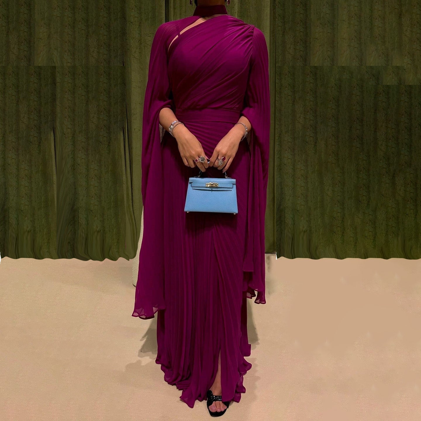 Deep Fuchsia One-Shoulder Pleated Chiffon Evening Dress with Cape Sleeves SF085 Sheer Fairy