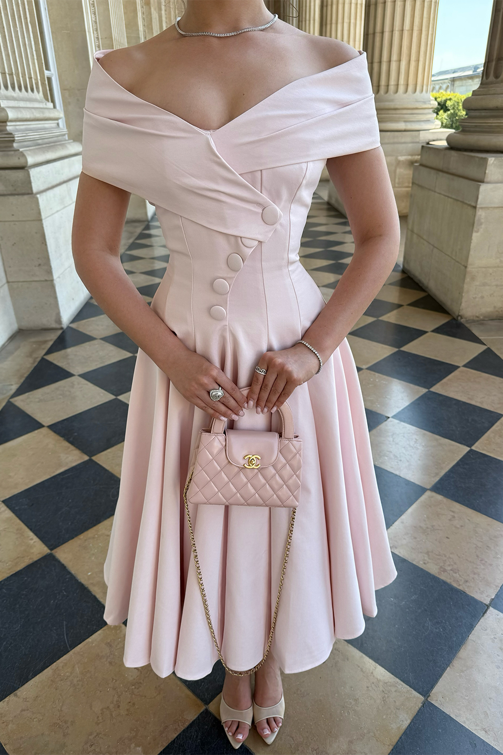 Vintage Off the Shoulder Midi Evening Dress Asymmetric Button Detail Classic Tea Length Dress RM252 Sheer Fairy