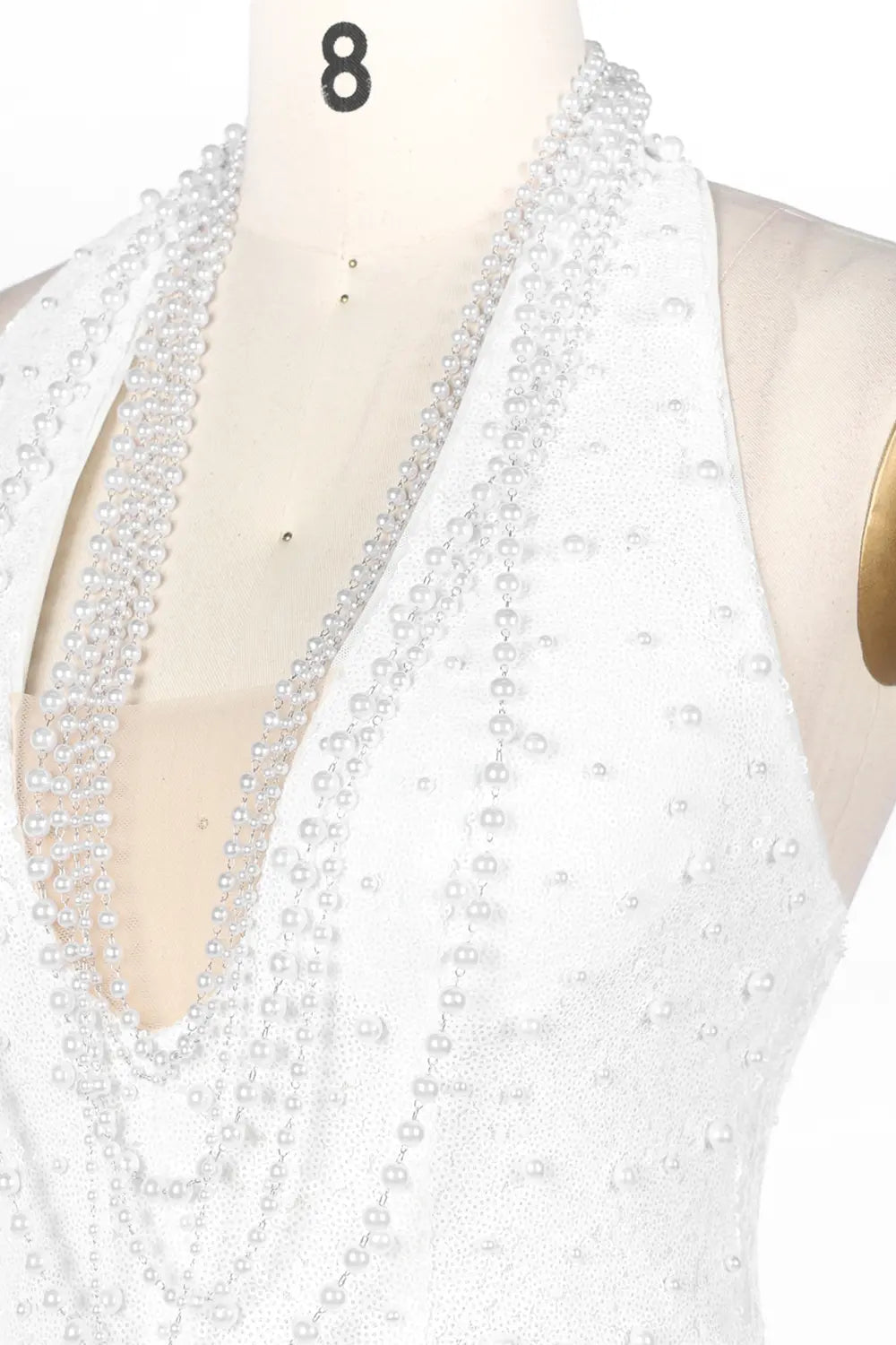 White Halter Pearl Beaded Backless Evening Dress ST091 Sheer Fairy