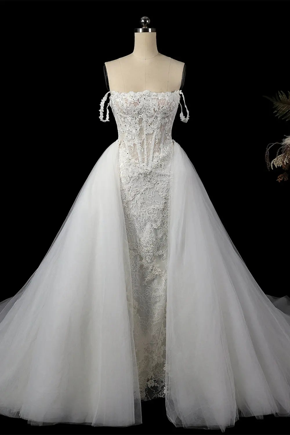 White Detachable Overskirt Mermaid Wedding Dress SW758 Sheer Fairy