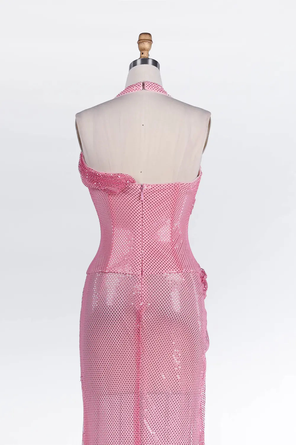 Pink Sequin Halter Corset High Slit Maxi Evening Dress ST036 Sheer Fairy