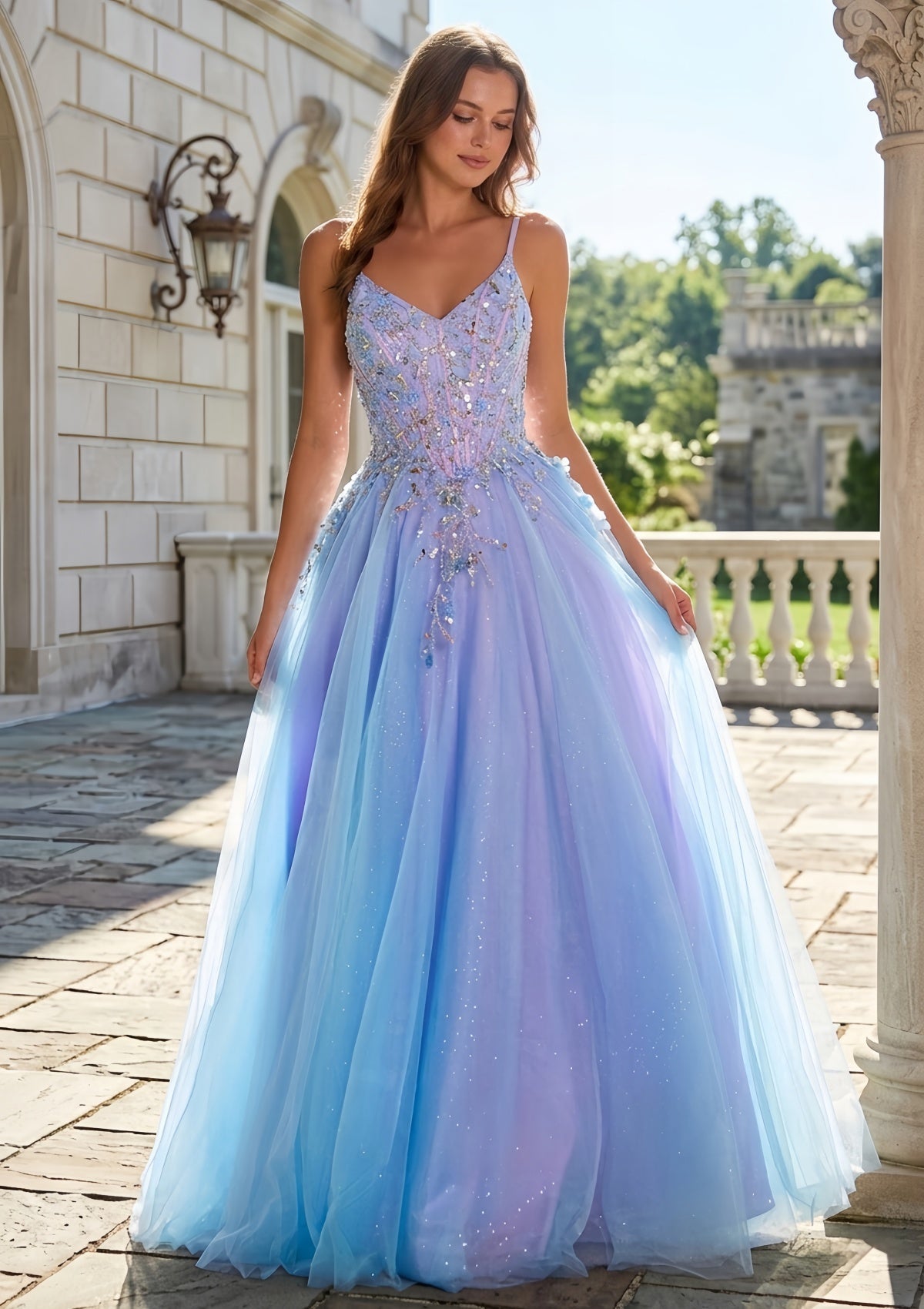 Elegant Gradient Purple Blue Glitter Tulle Long Prom Gown SH712（副本） Sheer Fairy