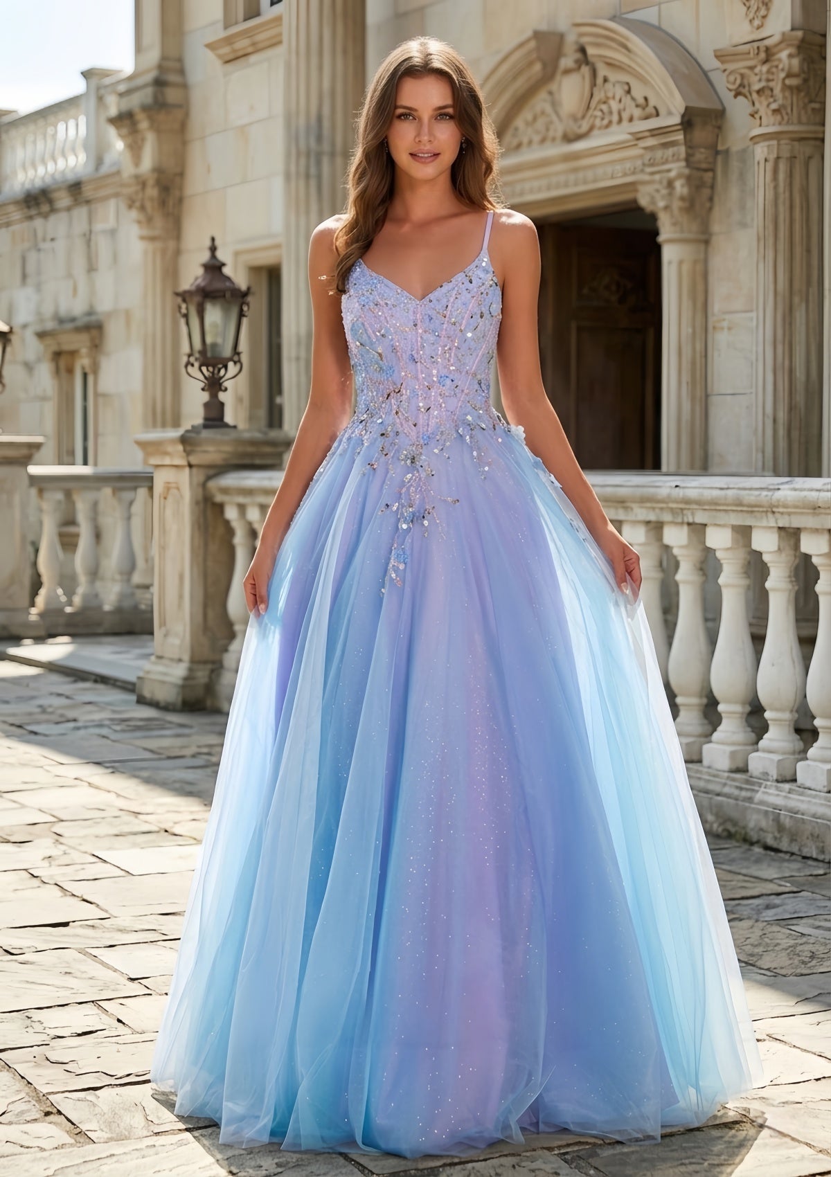 Elegant Gradient Purple Blue Glitter Tulle Long Prom Gown SH712（副本） Sheer Fairy