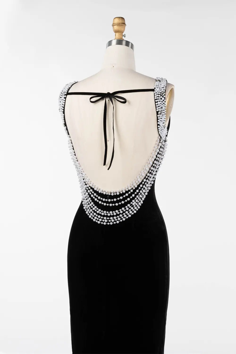 Black Velvet Beaded Neck Open Back Evening Gown ST046 Sheer Fairy