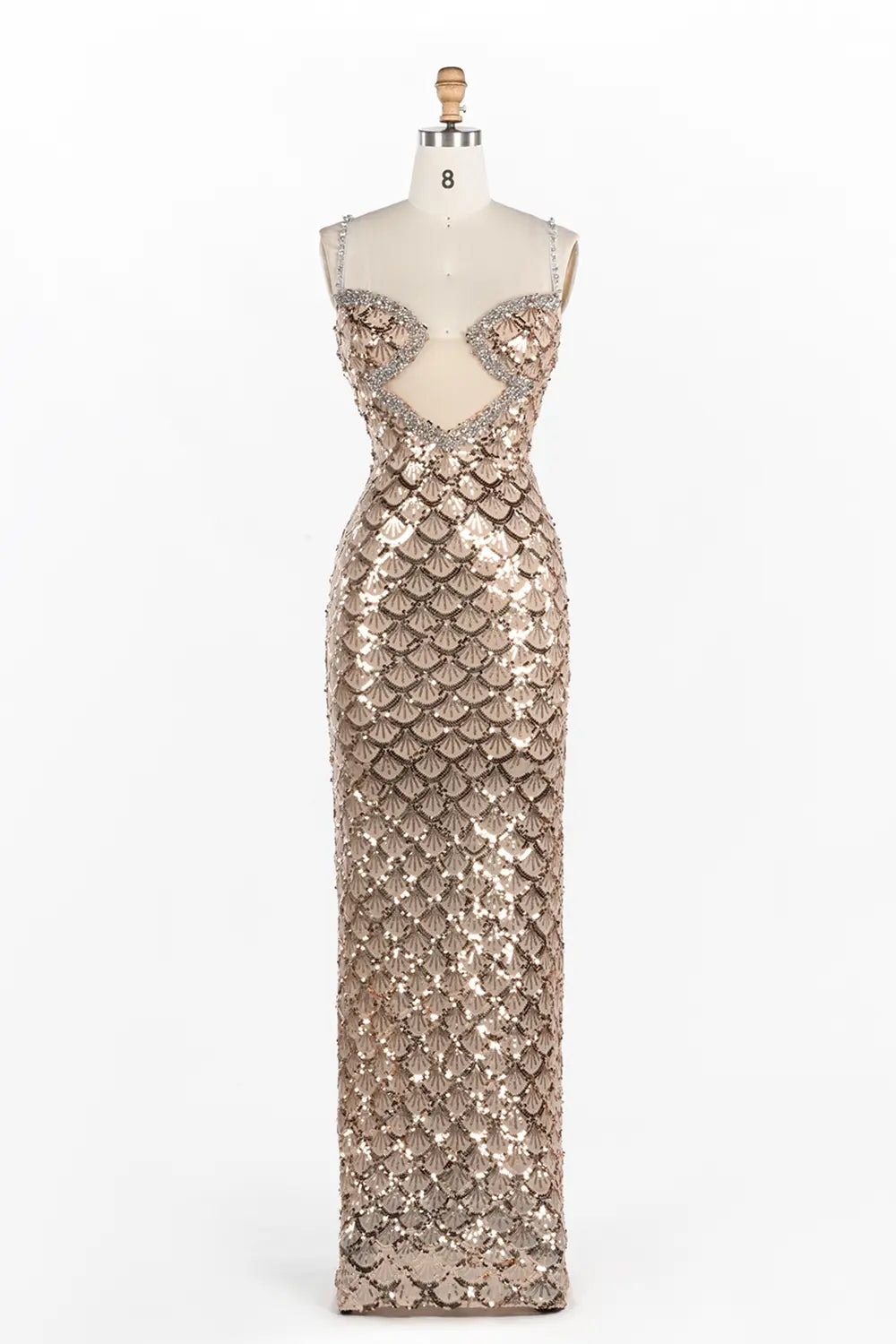 Silver Sequin Cutout Bust Spaghetti Strap Column Evening Maxi Dress ST063 Sheer Fairy