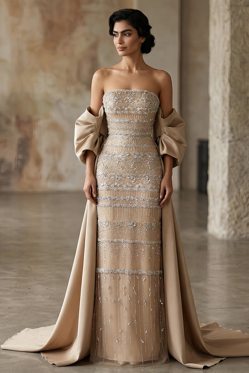 Luxury Beaded Off The Shoulder Sparkly Champagne Evening Dress SS238 Sheer Fairy