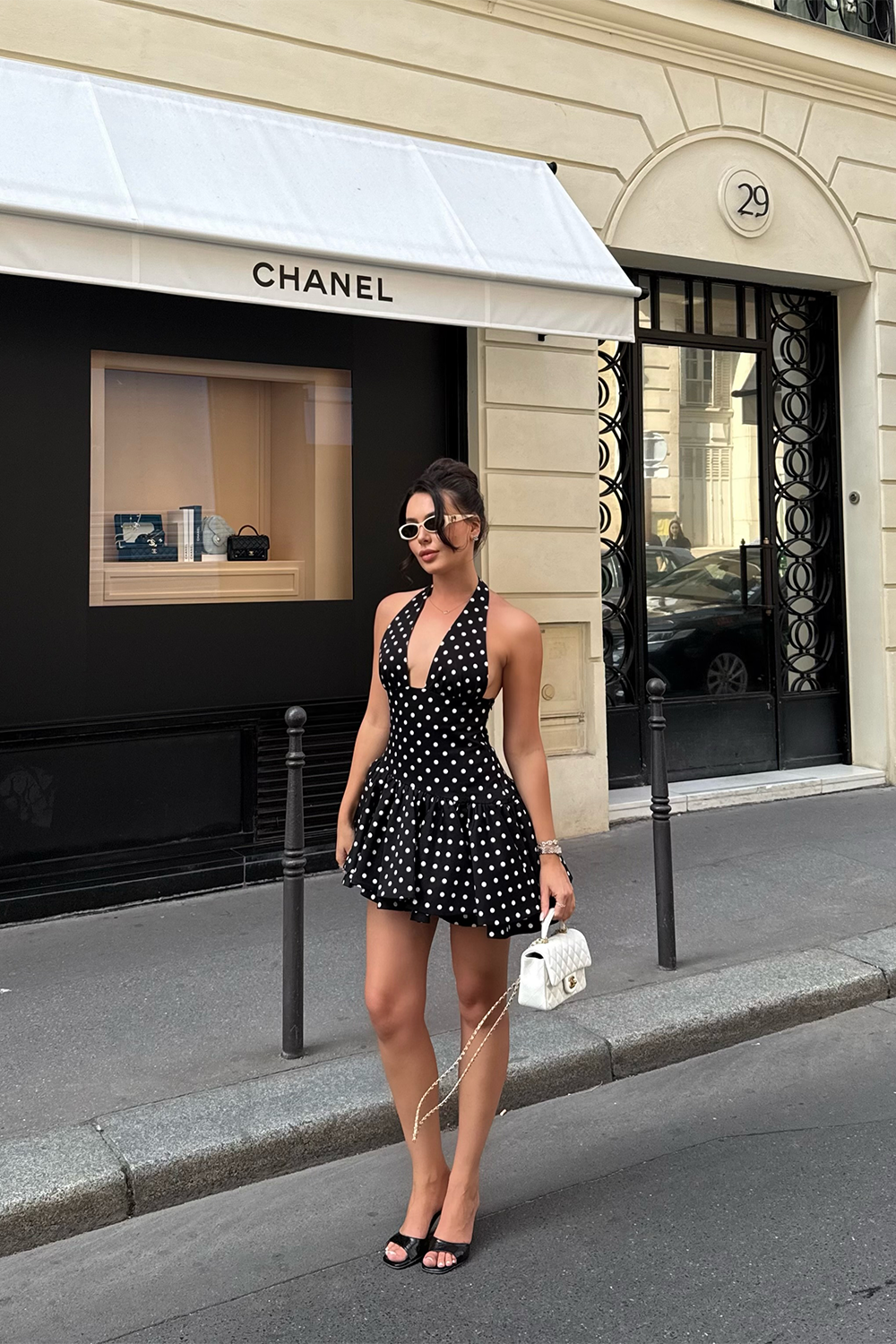 Black and White Polka Dot Halter Mini Dress Plunging V Neck Bubble Hem Party Dress RM253 Sheer Fairy
