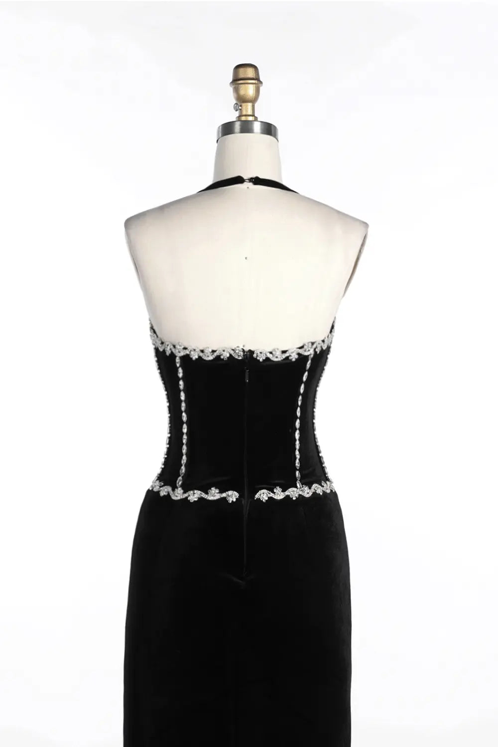 Black Halter Corset Slit Velvet Evening Dress ST094 Sheer Fairy