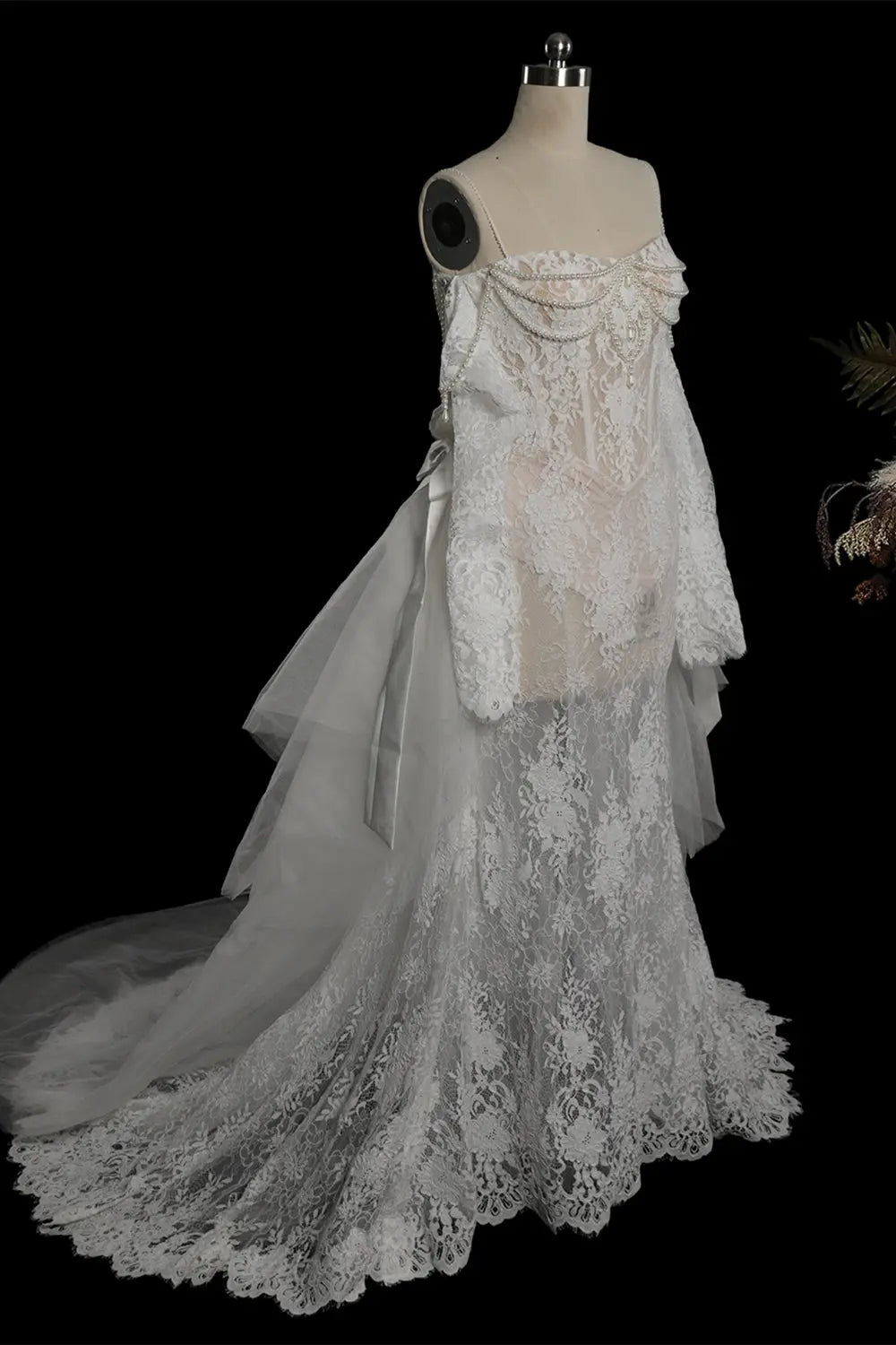 White Beaded Lace Mermaid Wedding Dress SW756 Sheer Fairy
