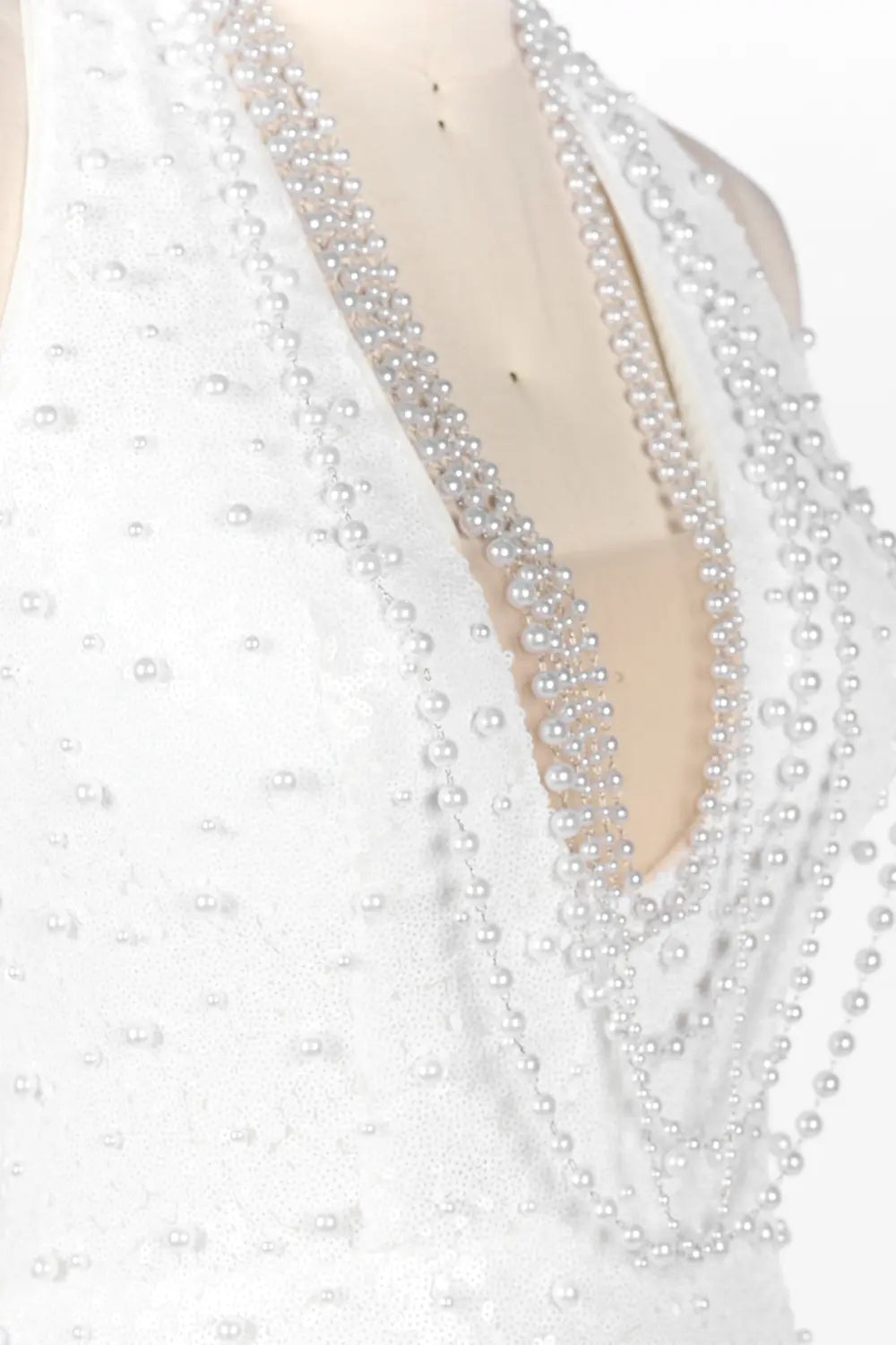 White Halter Pearl Beaded Backless Evening Dress ST091 Sheer Fairy