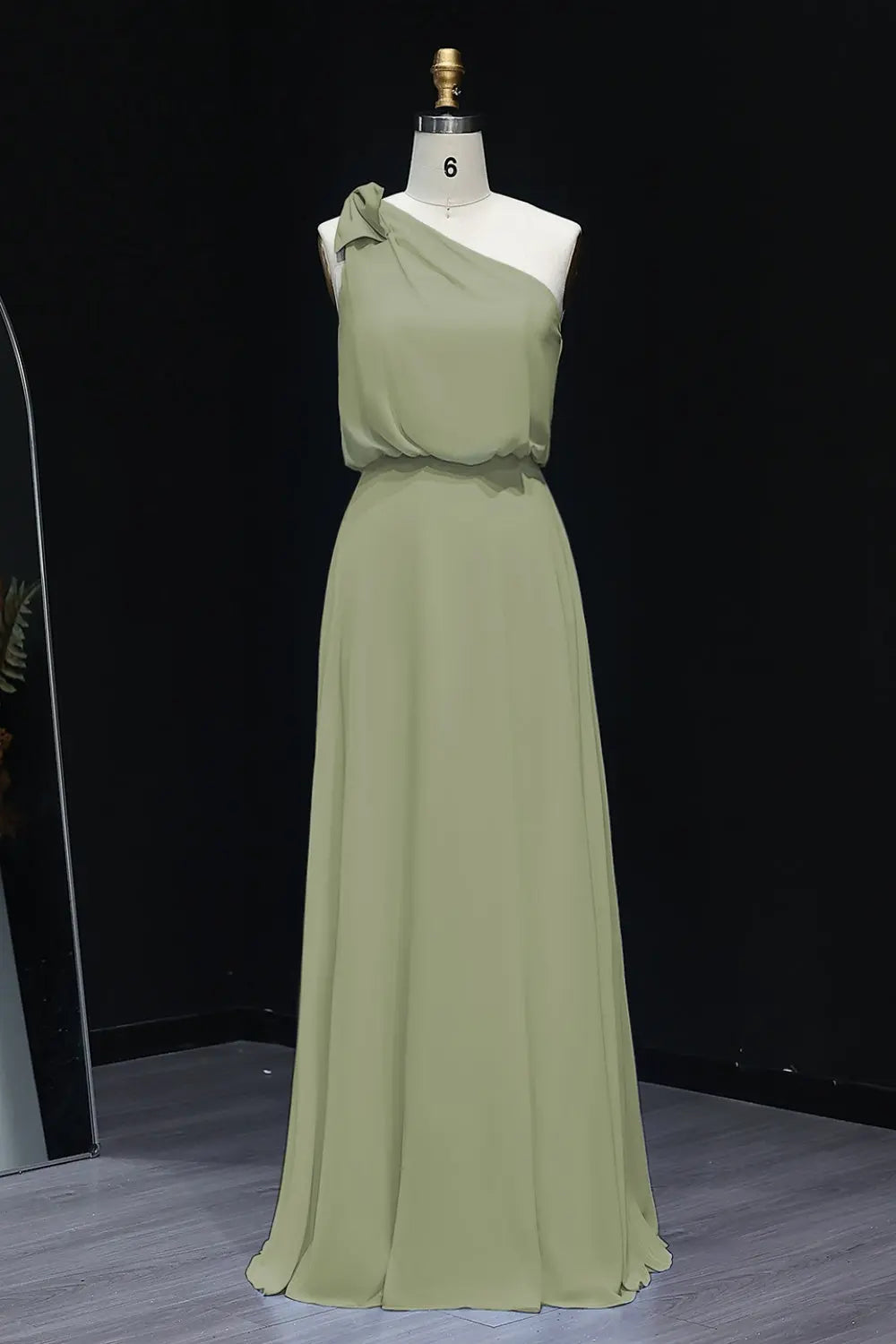 Sage Green One-Shoulder Chiffon A-Line Bow Bridesmaid Dress BS009 Sheer Fairy