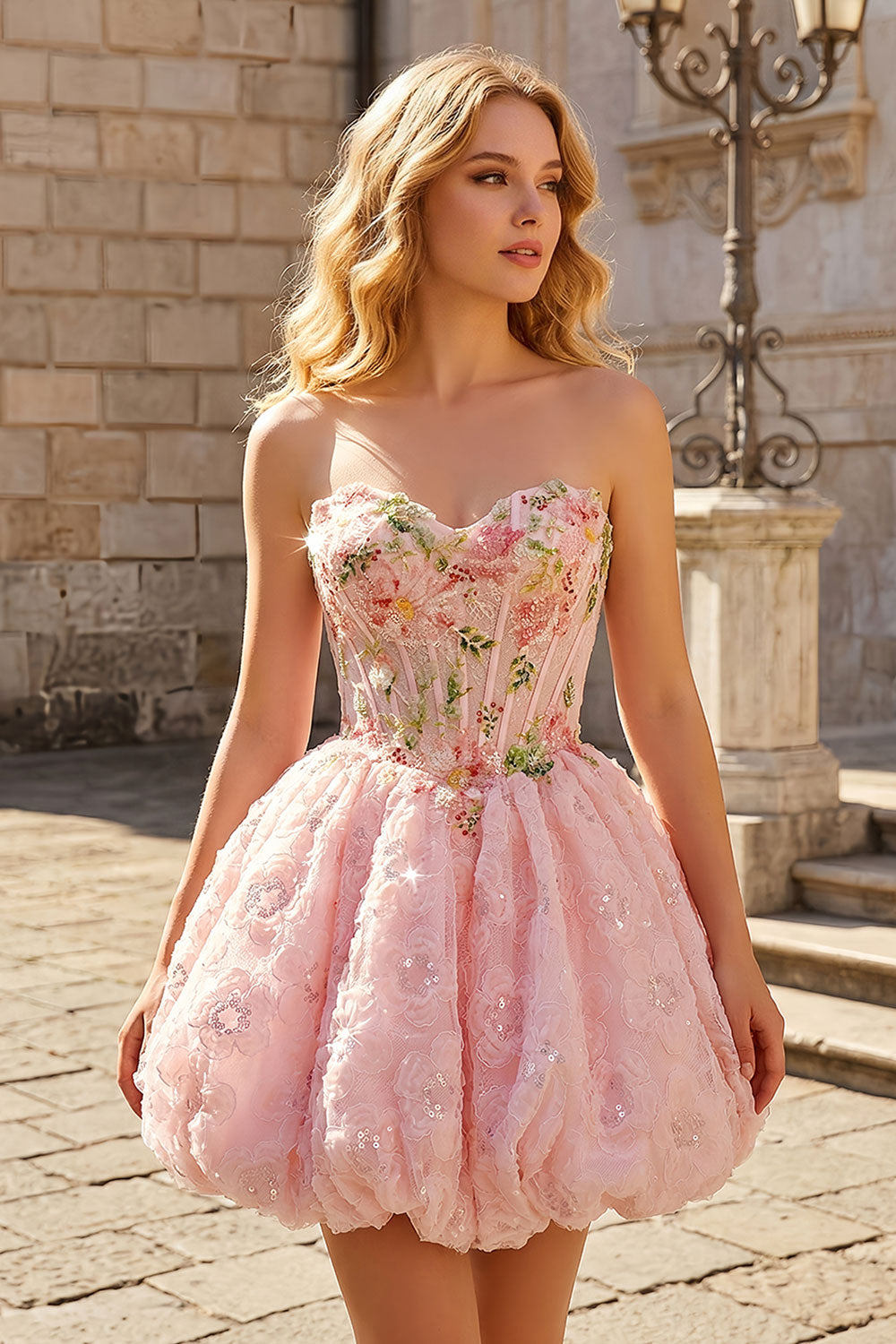 Blush Pink Sweetheart Floral Corset Homecoming Dress RM136 Sheer Fairy