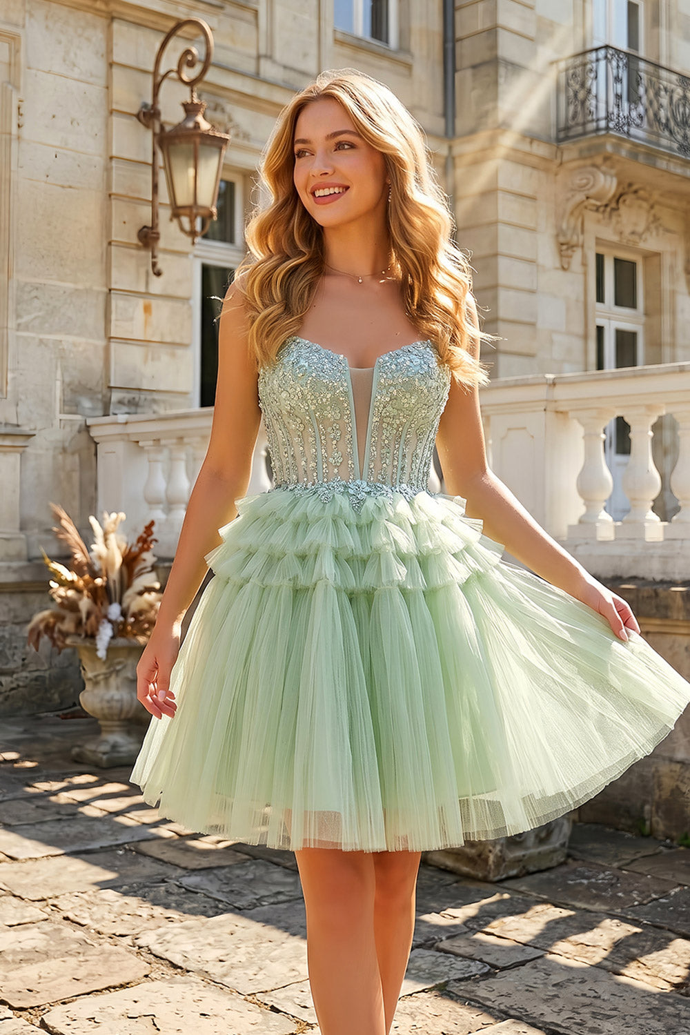 Mint Green Short Homecoming Dress Ball Gown Tulle Tiered Homecoming Dress RM137 Sheer Fairy