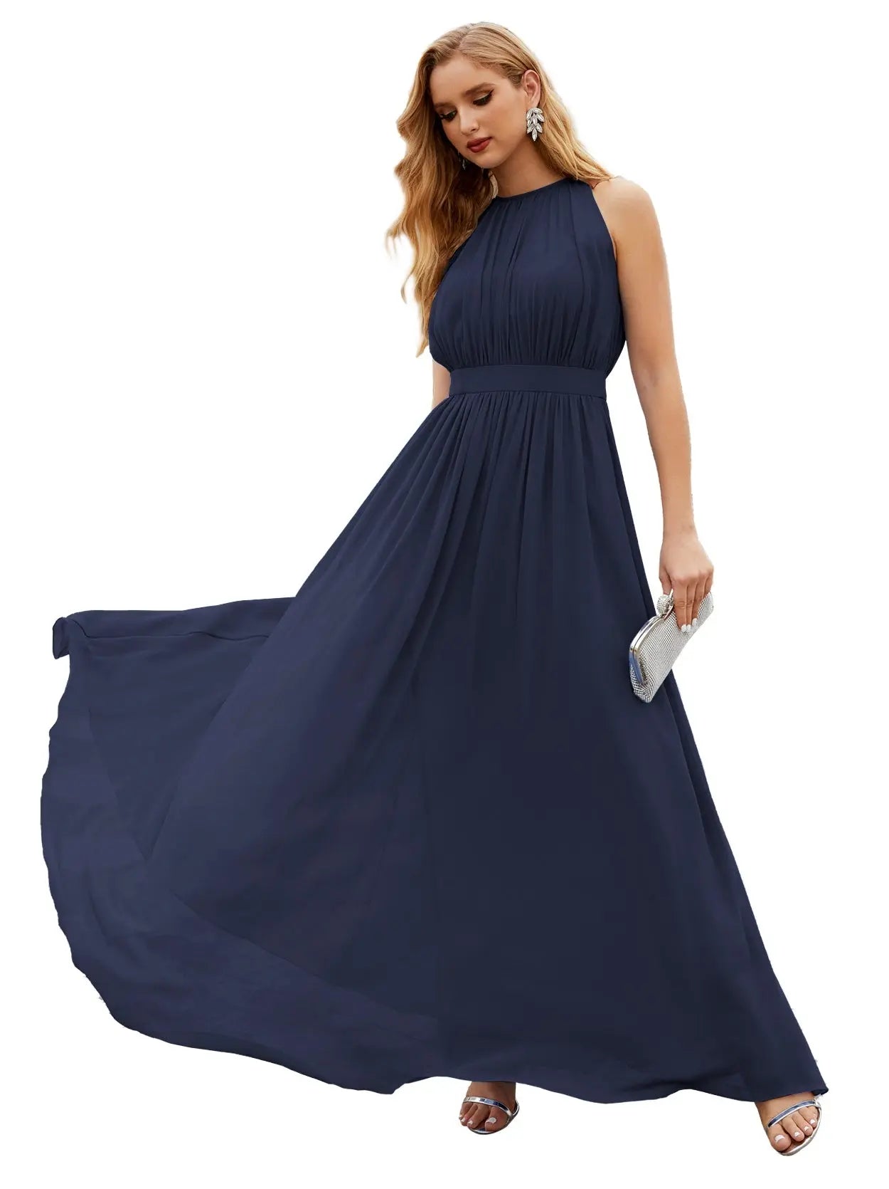 Elegant Dusty Blue High Neck Chiffon A-Line Bridesmaid Dress BS017 Sheer Fairy