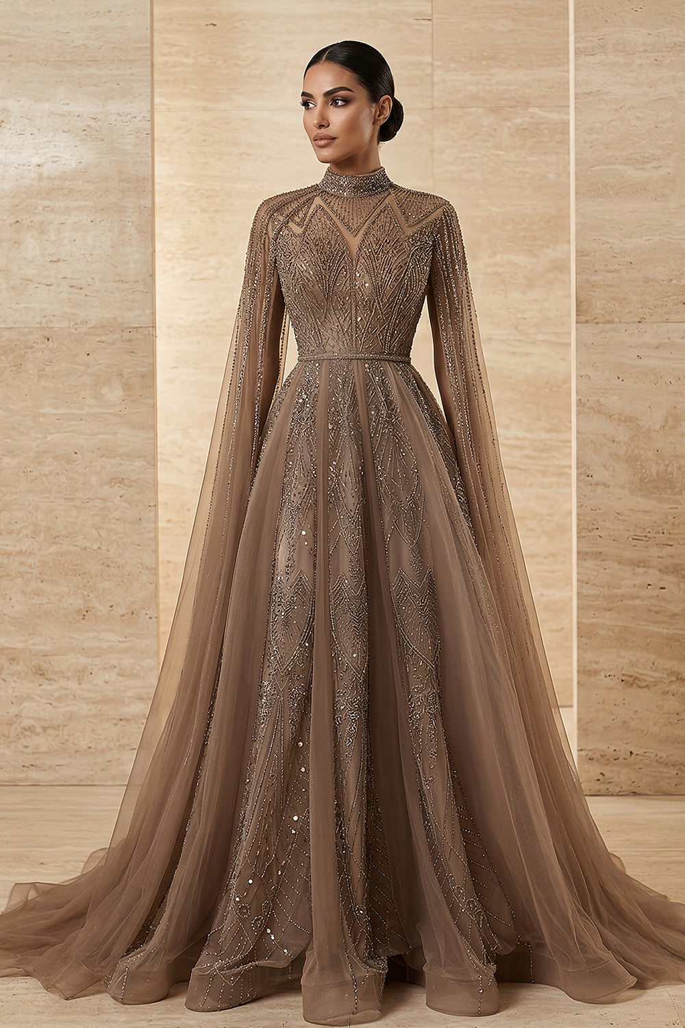 Luxury Brown Beaded Evening Gown with Cape Sleeves SS050 Sheer Fairy