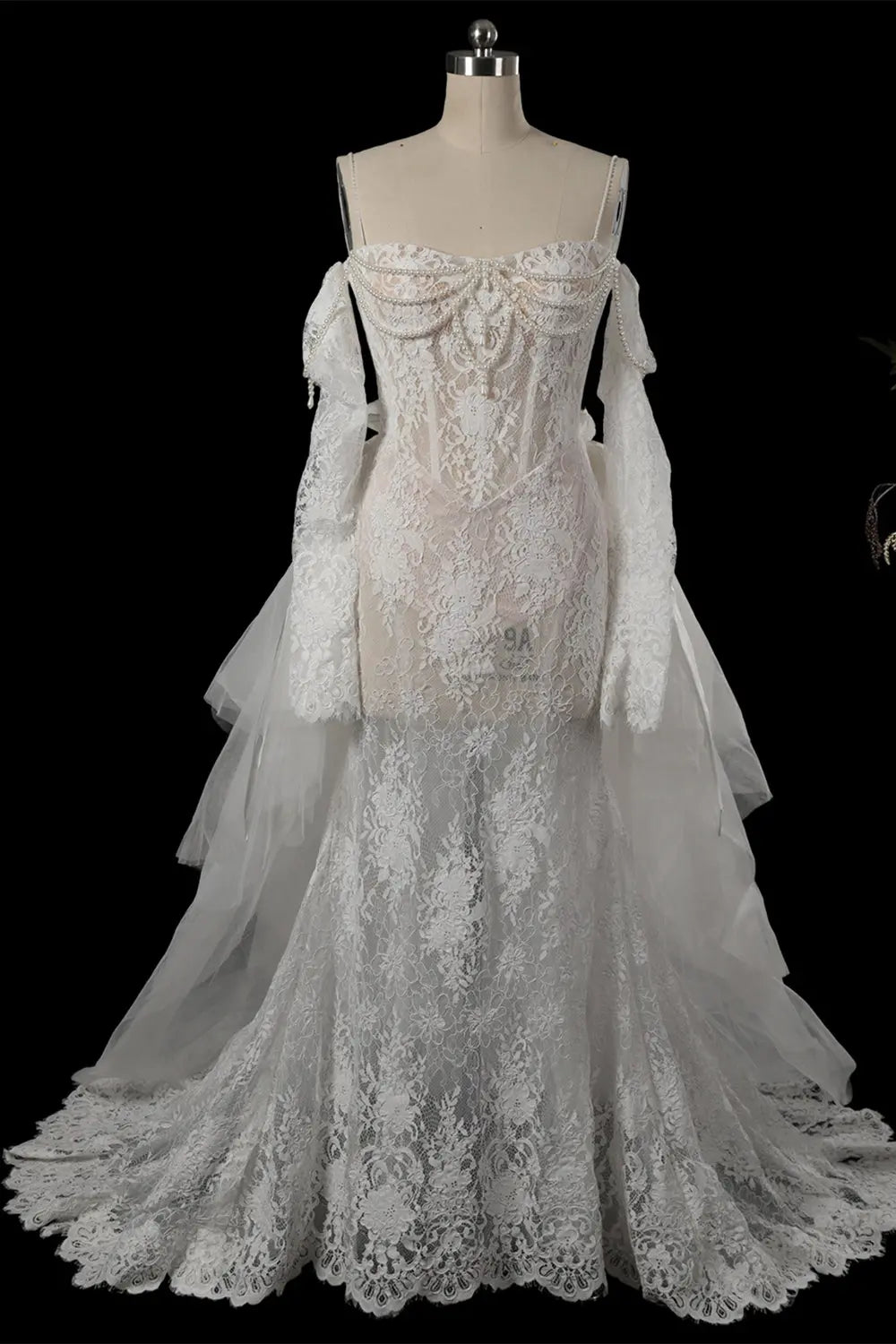 White Beaded Lace Mermaid Wedding Dress SW756 Sheer Fairy