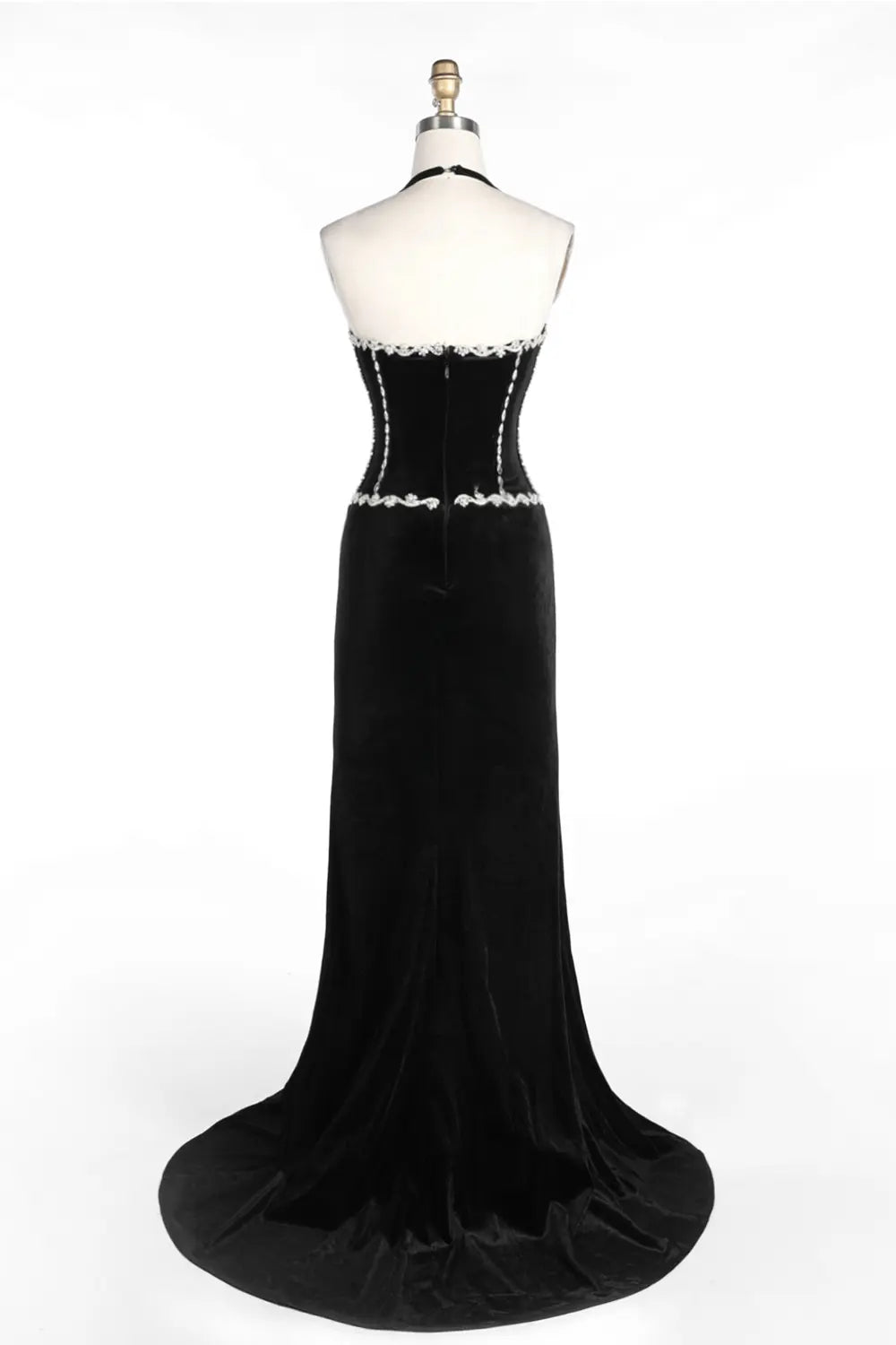 Black Halter Corset Slit Velvet Evening Dress ST094 Sheer Fairy