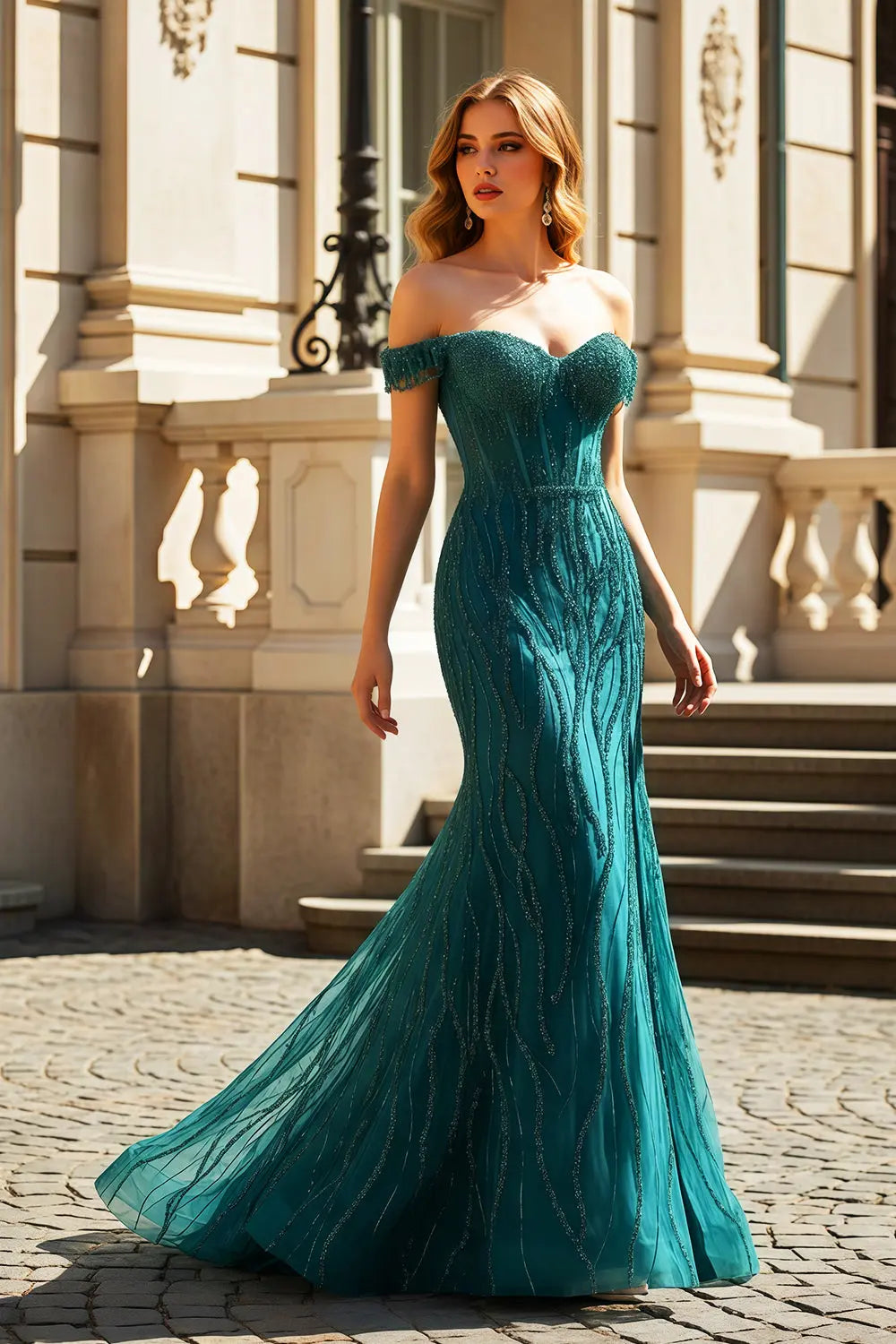 White Lace Mermaid Off-the-Shoulder Flora Beige Prom Dress SH461 Sheer Fairy