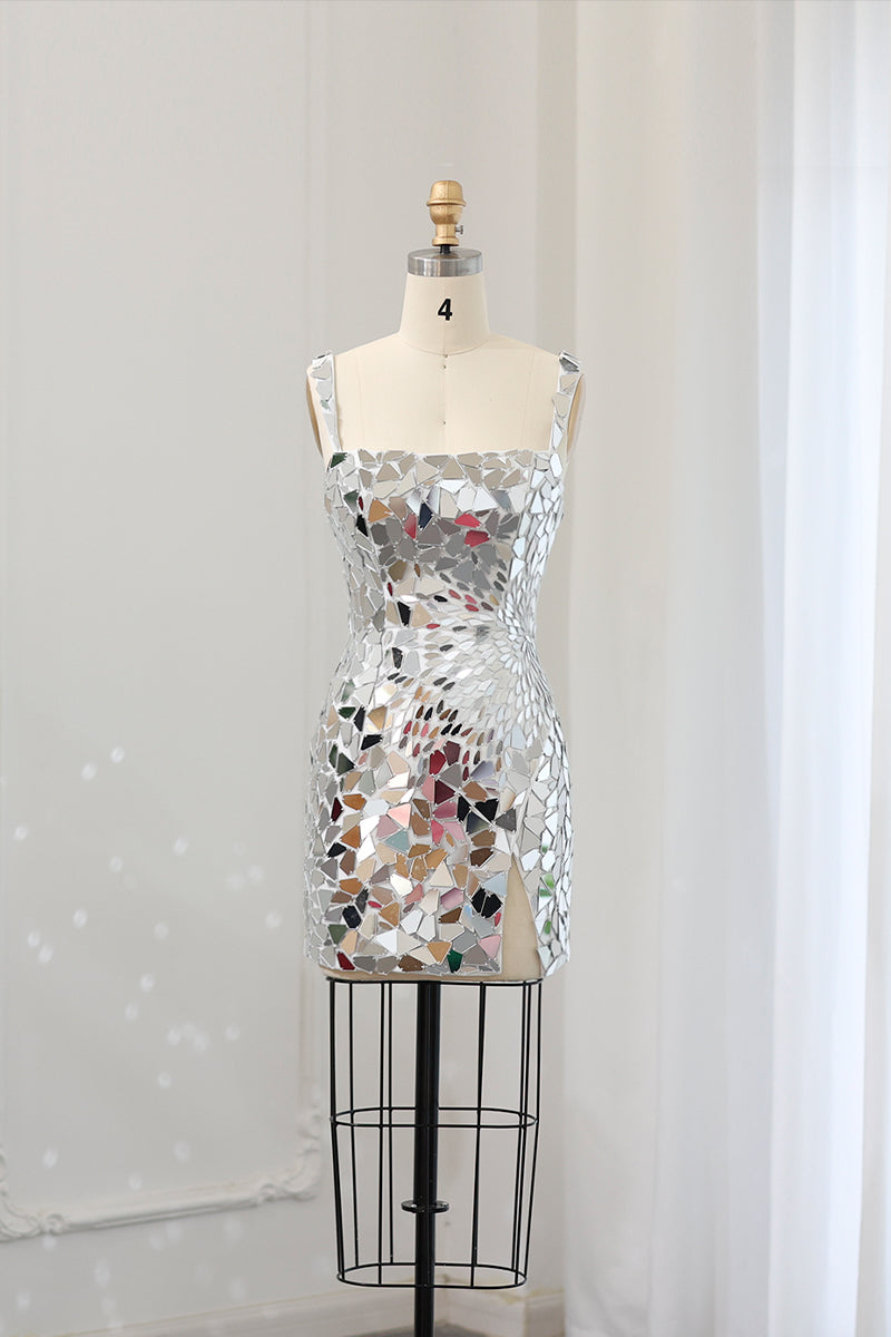 Silver Mosaic Mirror Tile Square Neck Sheath Homecoming Dress RM117 Sheer Fairy