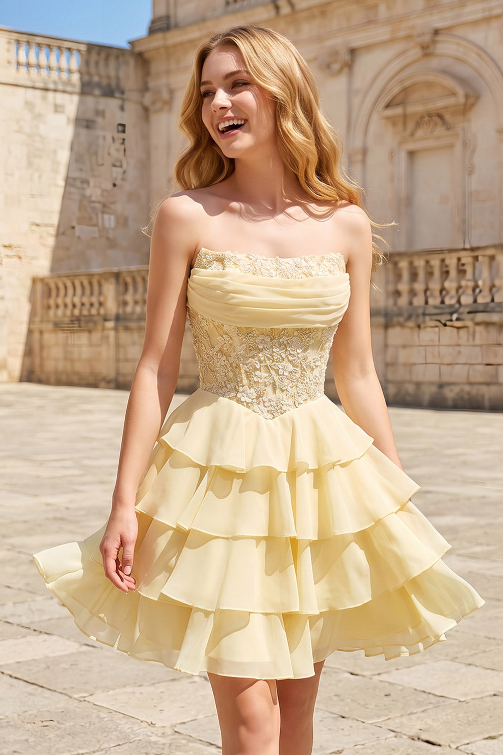 Yellow Strapless Lace Tiered Chiffon Homecoming Dress with Lace-Up Back RM143 Sheer Fairy