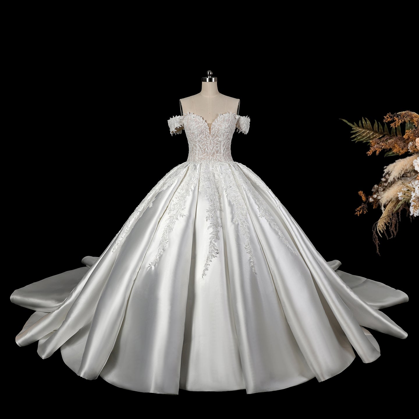 Off-the-Shoulder Satin Ball Gown Wedding Dress with Lace Appliques & Corset Back SW701 Sheer Fairy