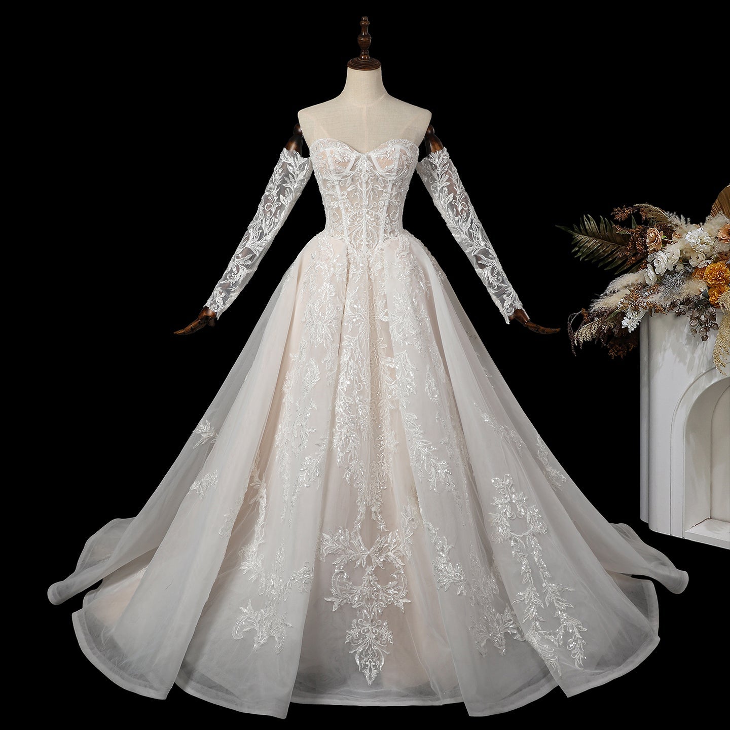 Sweetheart Neck Lace Corset Ball Gown Wedding Dress with Detachable Long Sleeves SW703 Sheer Fairy