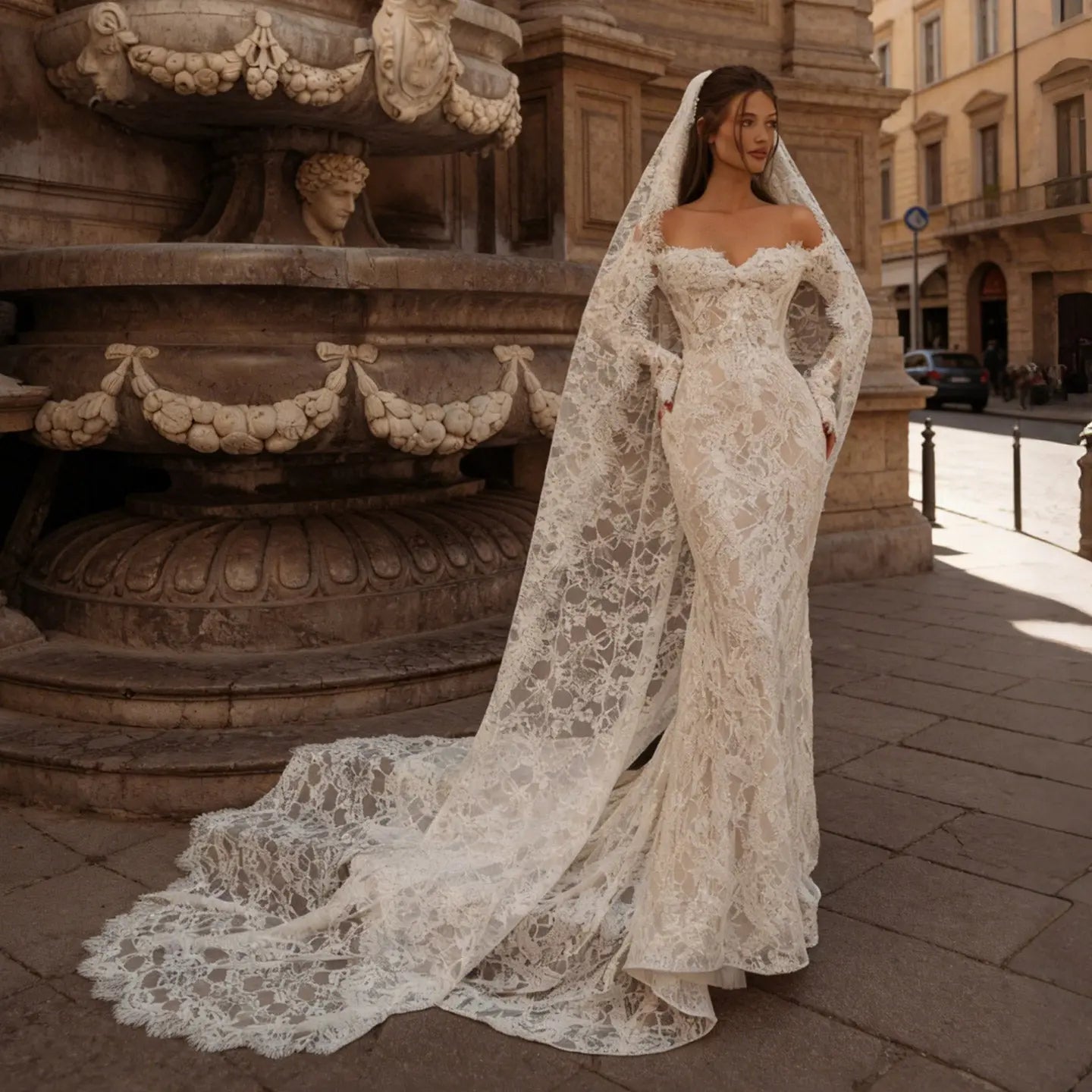 Ivory Lace Off-the-Shoulder Mermaid Wedding Dress with Train SW176 Sheer Fairy